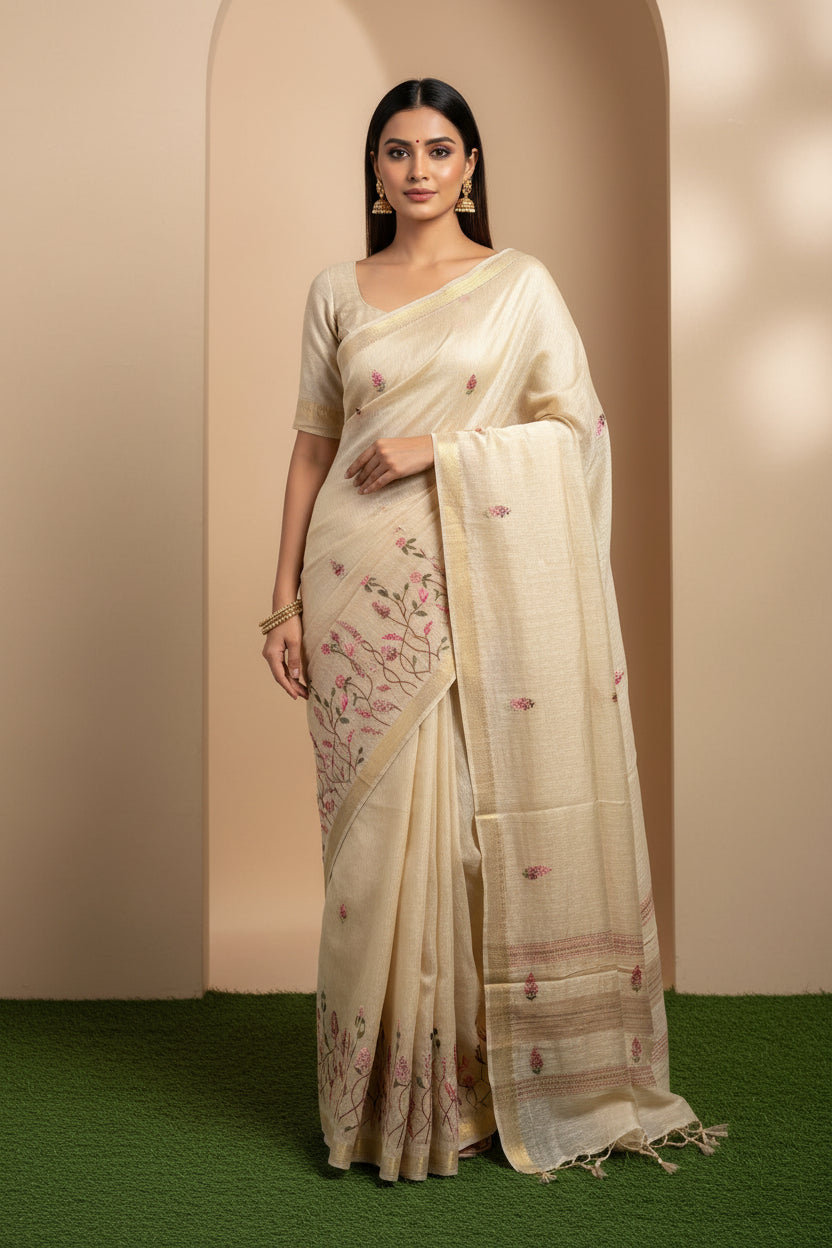 Off-White Pure Linen Saree with Allover Floral Embroidery | Chandrika Lifestyles