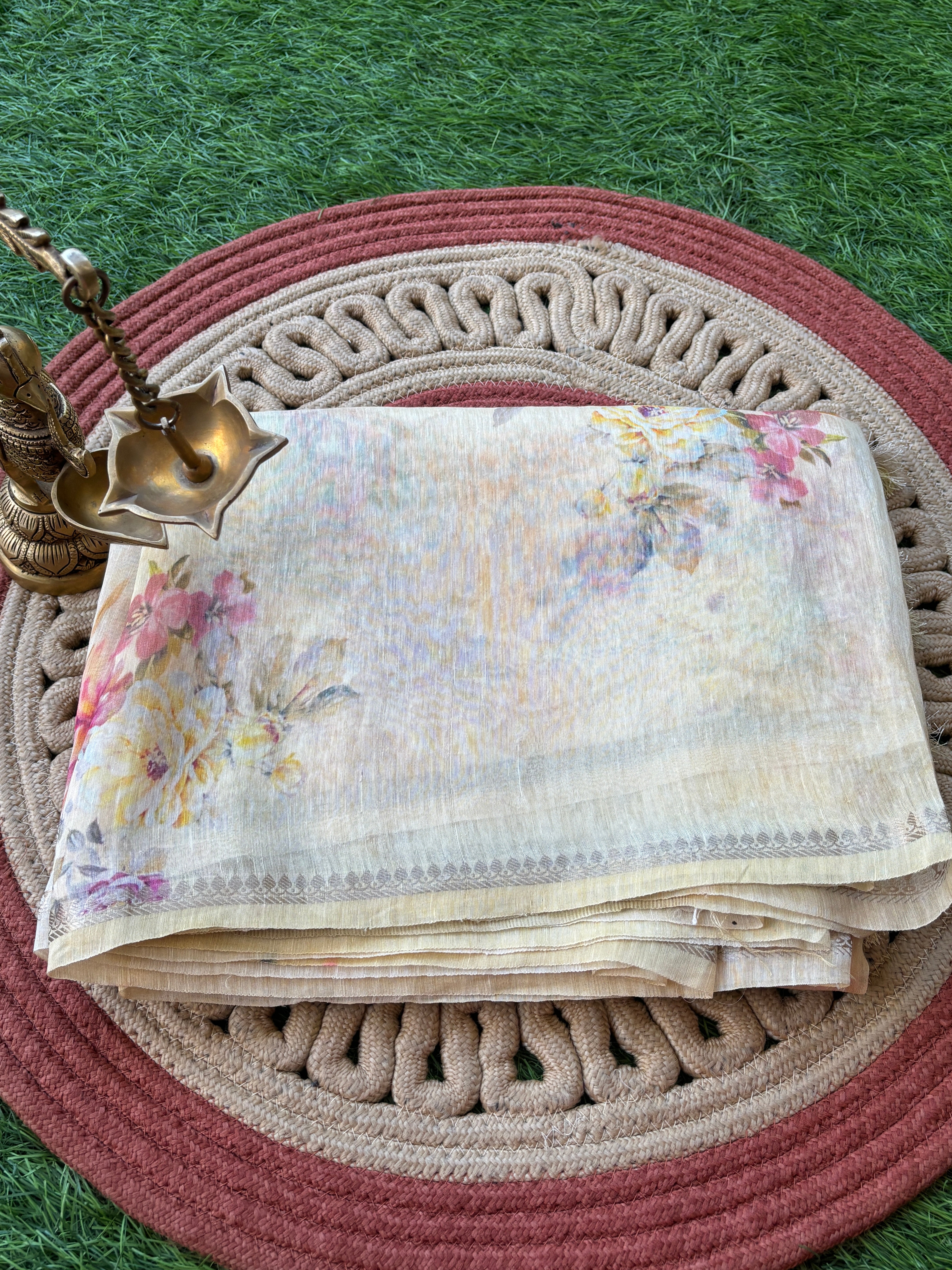 Lemon Yellow Pure Linen Saree with Allover Floral Digital Print | Chandrika Lifestyles