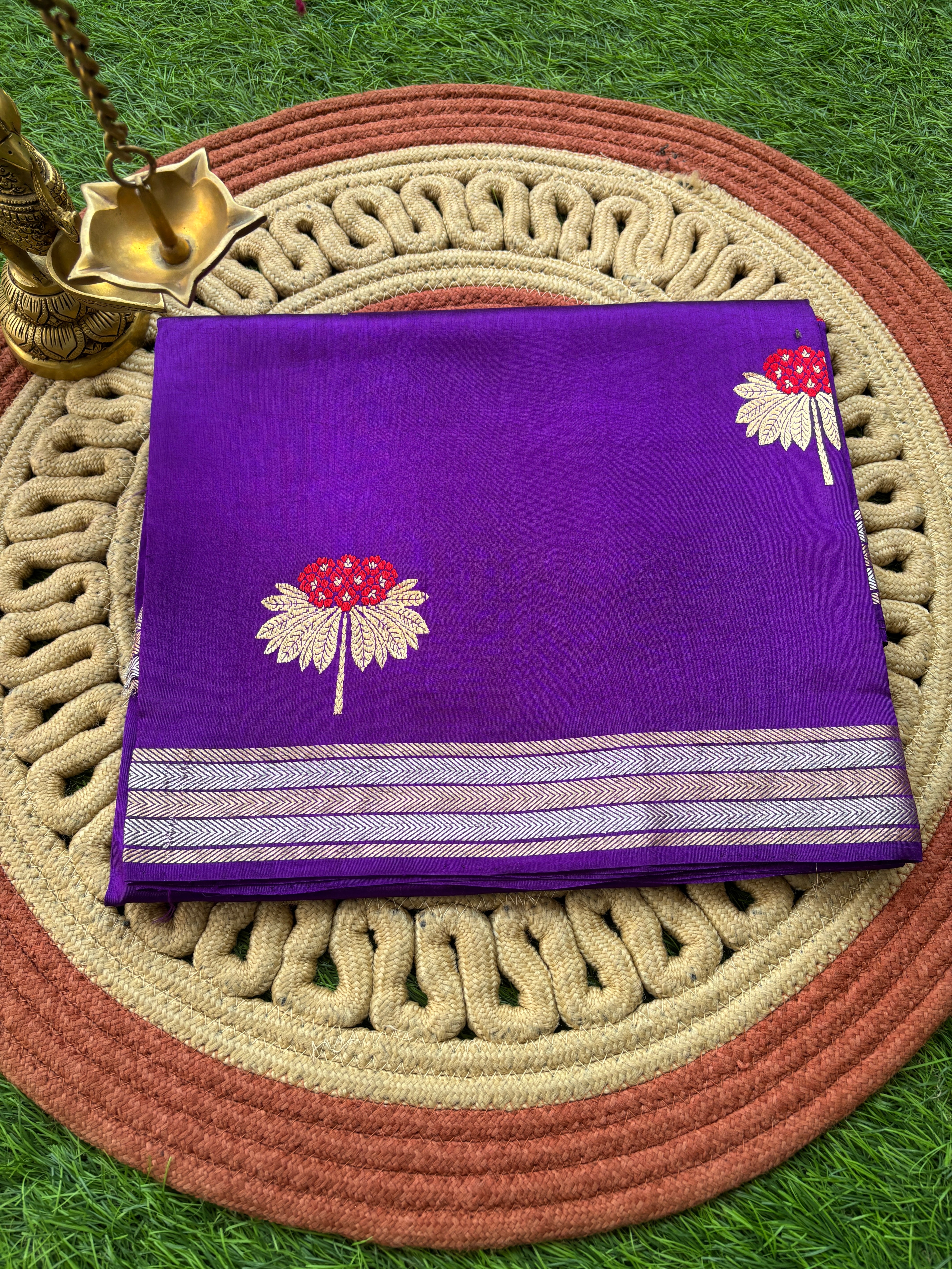 Royal Purple Pure Silk Banarasi Saree with Red Blouse & Golden Zari Floral Motifs | Chandrika Lifestyles