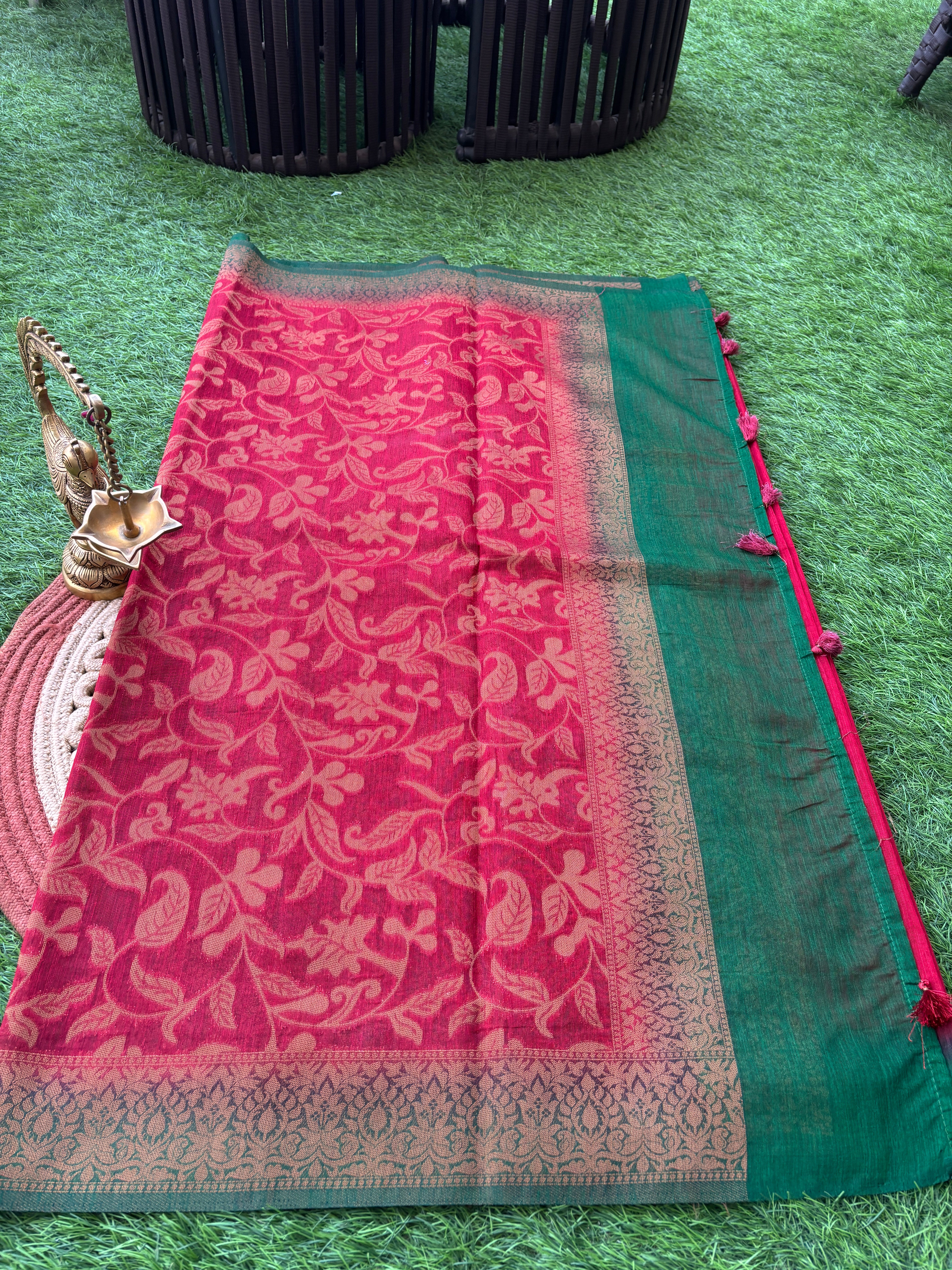 Red Banarasi Cotton Saree with Allover Weaving & Green Border | Chandrika Lifestyles
