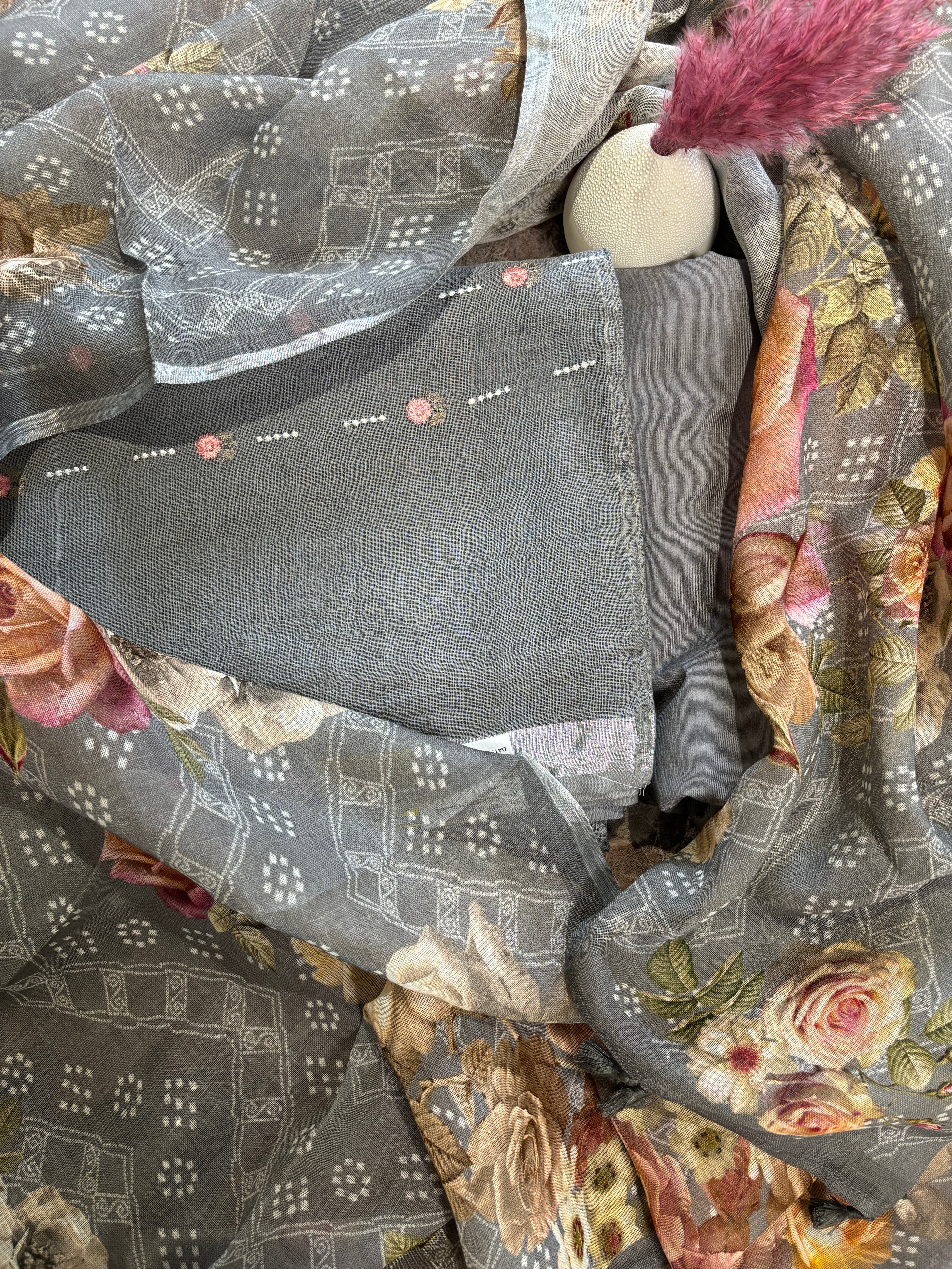 Chandrika Lifestyles | Grey Linen Suit – Floral Dupatta