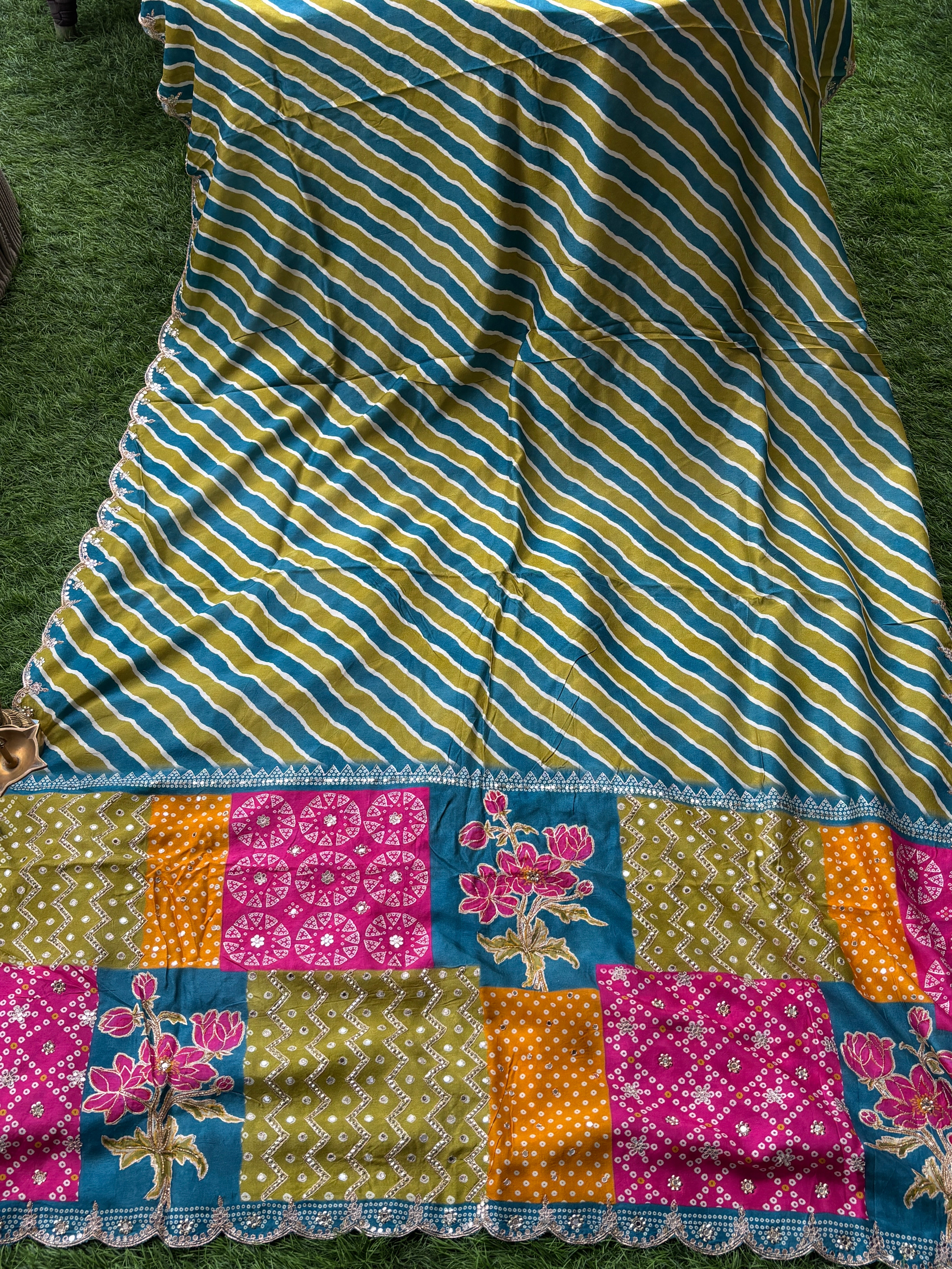 Multicolor Pure Crape Silk Leheriya Saree with Mirror Work | Chandrika Lifestyles