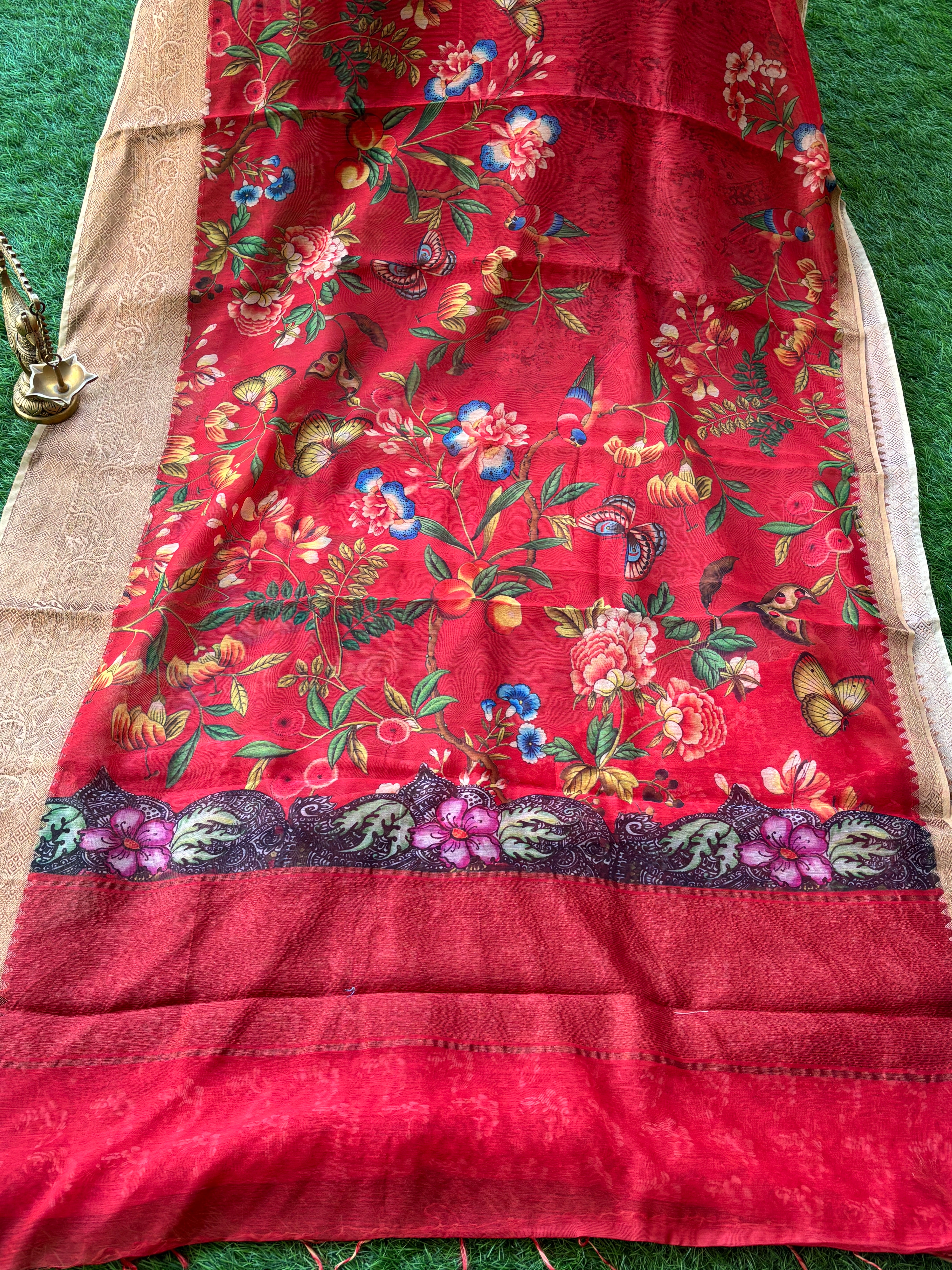 Chandrika Lifestyles | Red Banarasi Mercerized Cotton Saree – Digital Print with Antra Border
