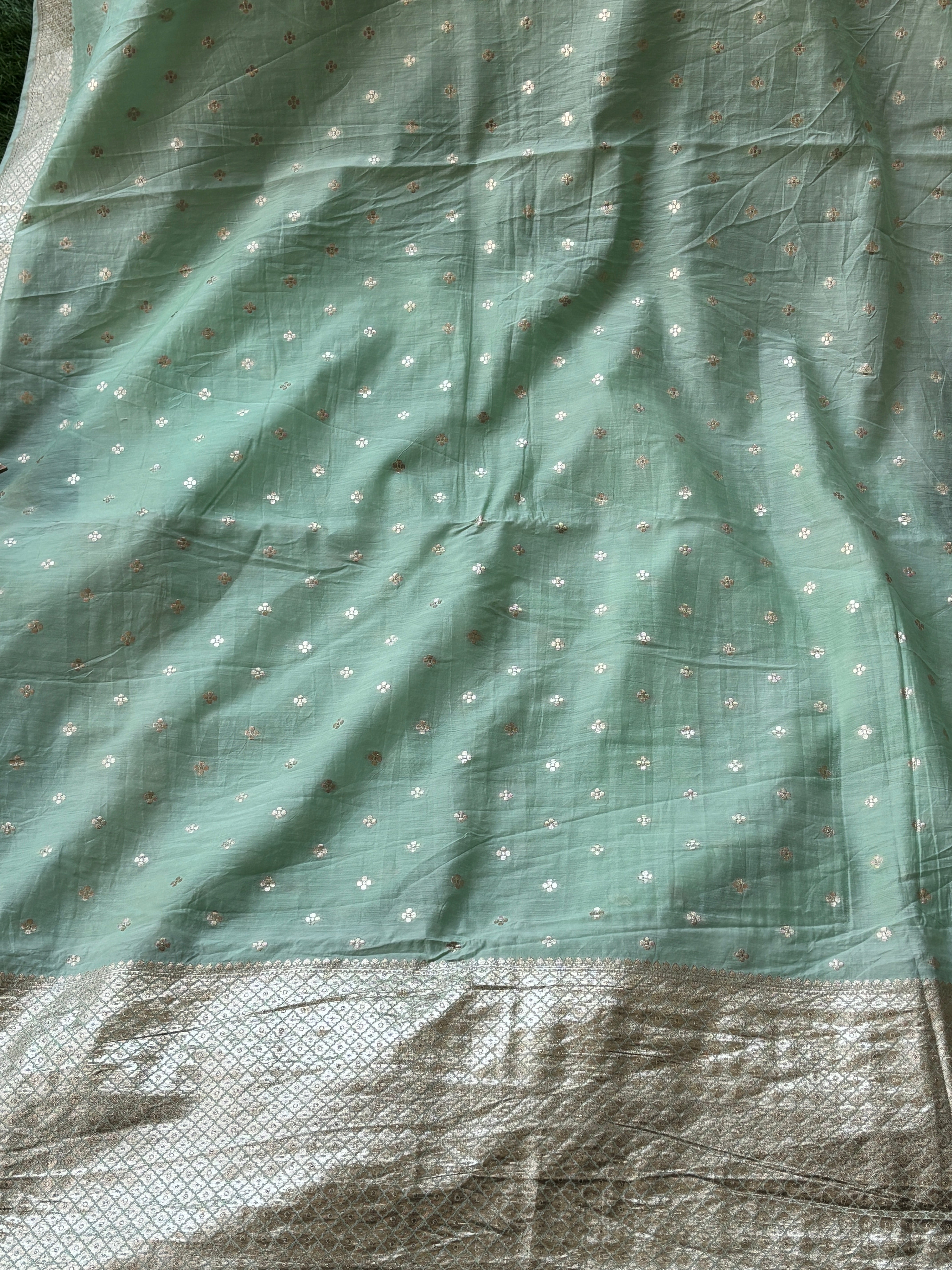 Mint Green Banarasi Mercerised Cotton Sare
