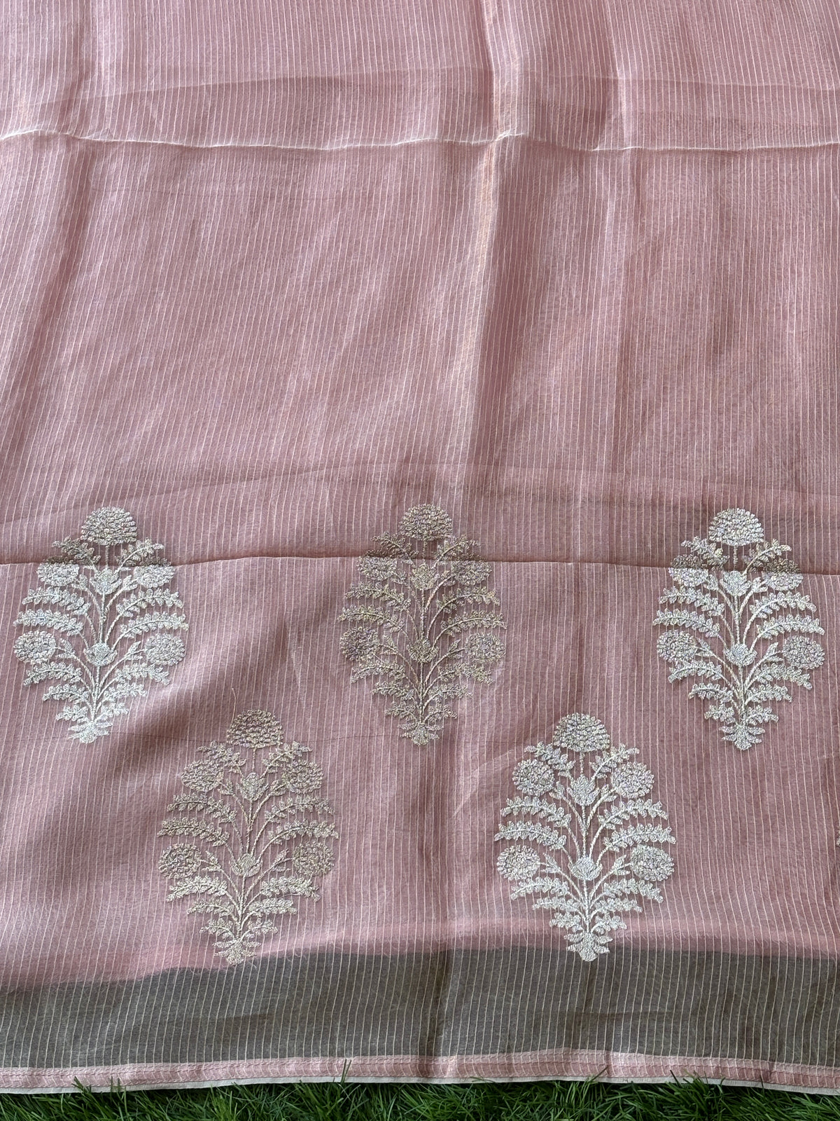 Baby Pink Pure Tissue Kora Saree with Allover Silver Zari Embroidery & Zari Pallu | Chandrika Lifestyles