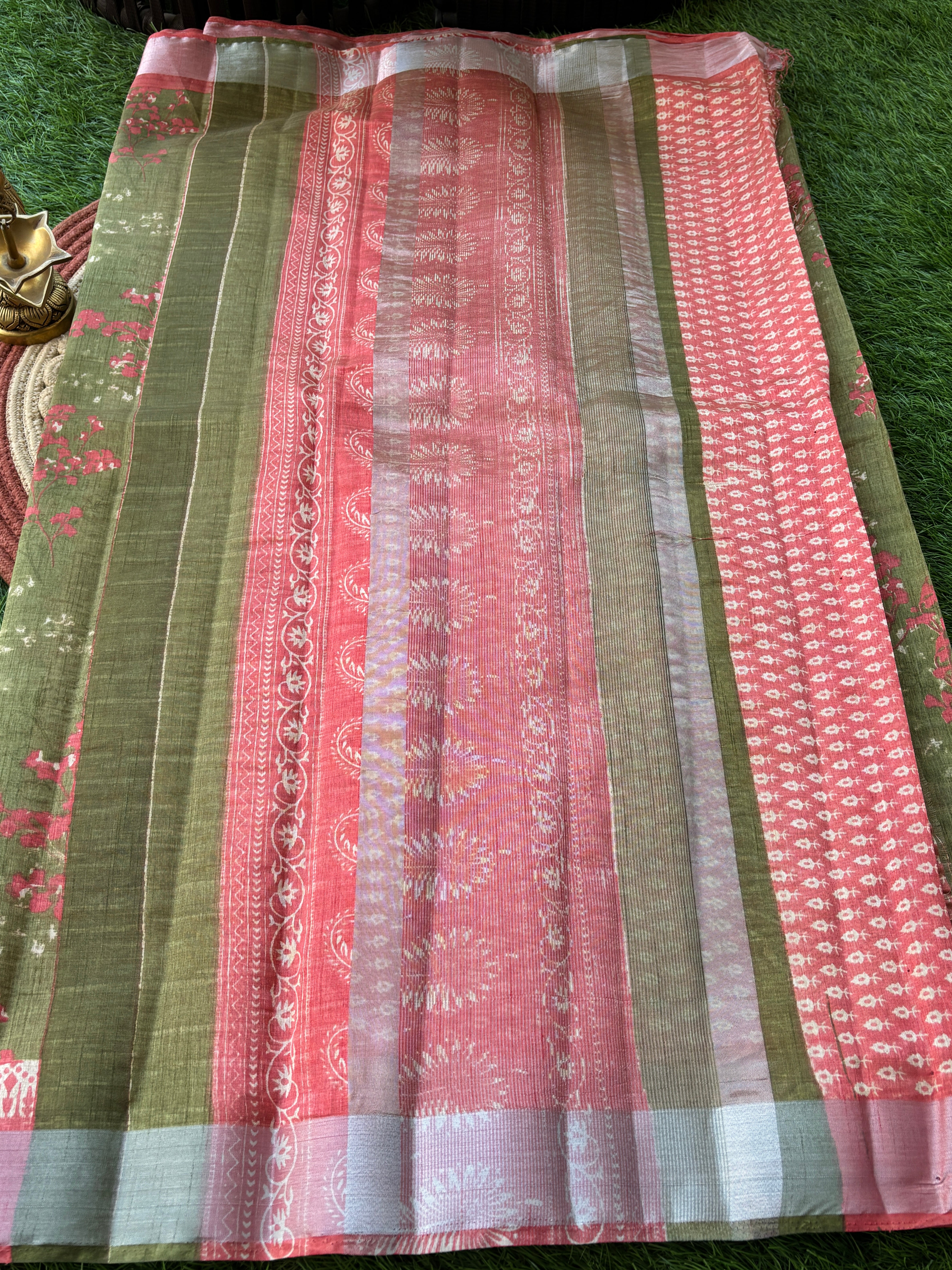 Olive Green Mercerized Cotton Saree with Allover Digital Print | Chandrika Lifestyles