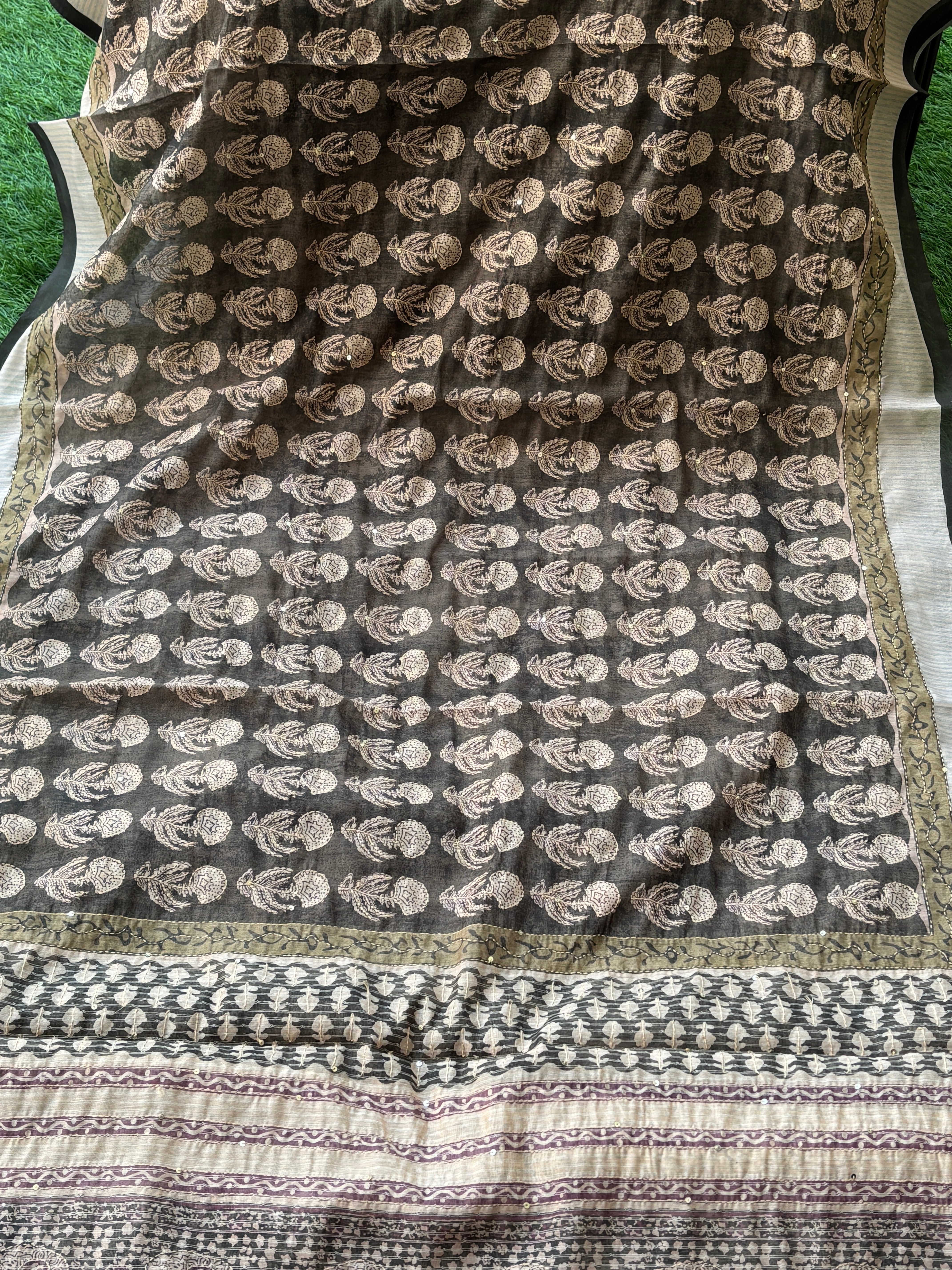 Mehndi Green Banarasi Mercerised Cotton Saree with Kantha Work