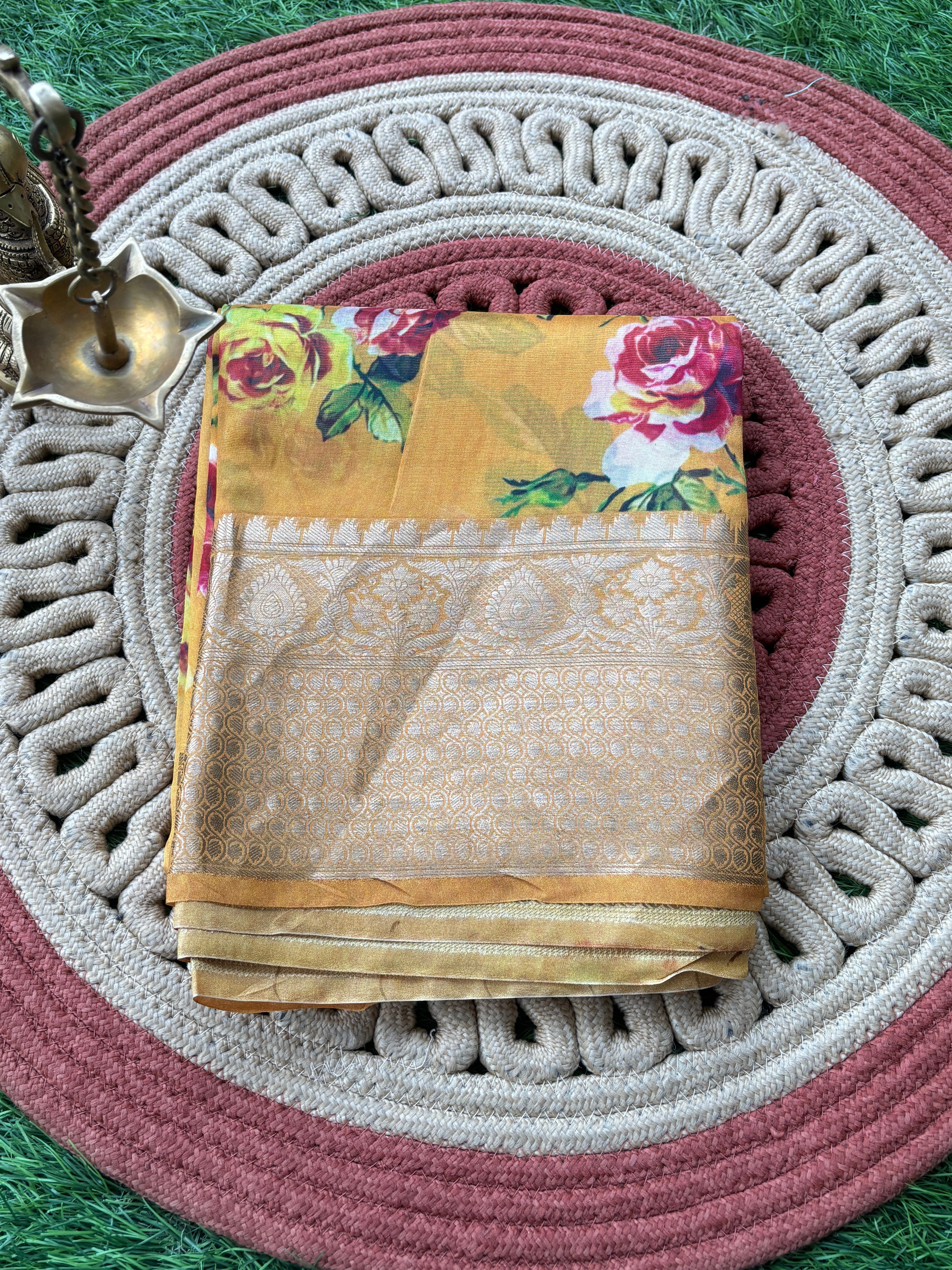 Yellow Pure Georgette Banarasi Saree with Allover Floral Digital Print | Chandrika Lifestyles