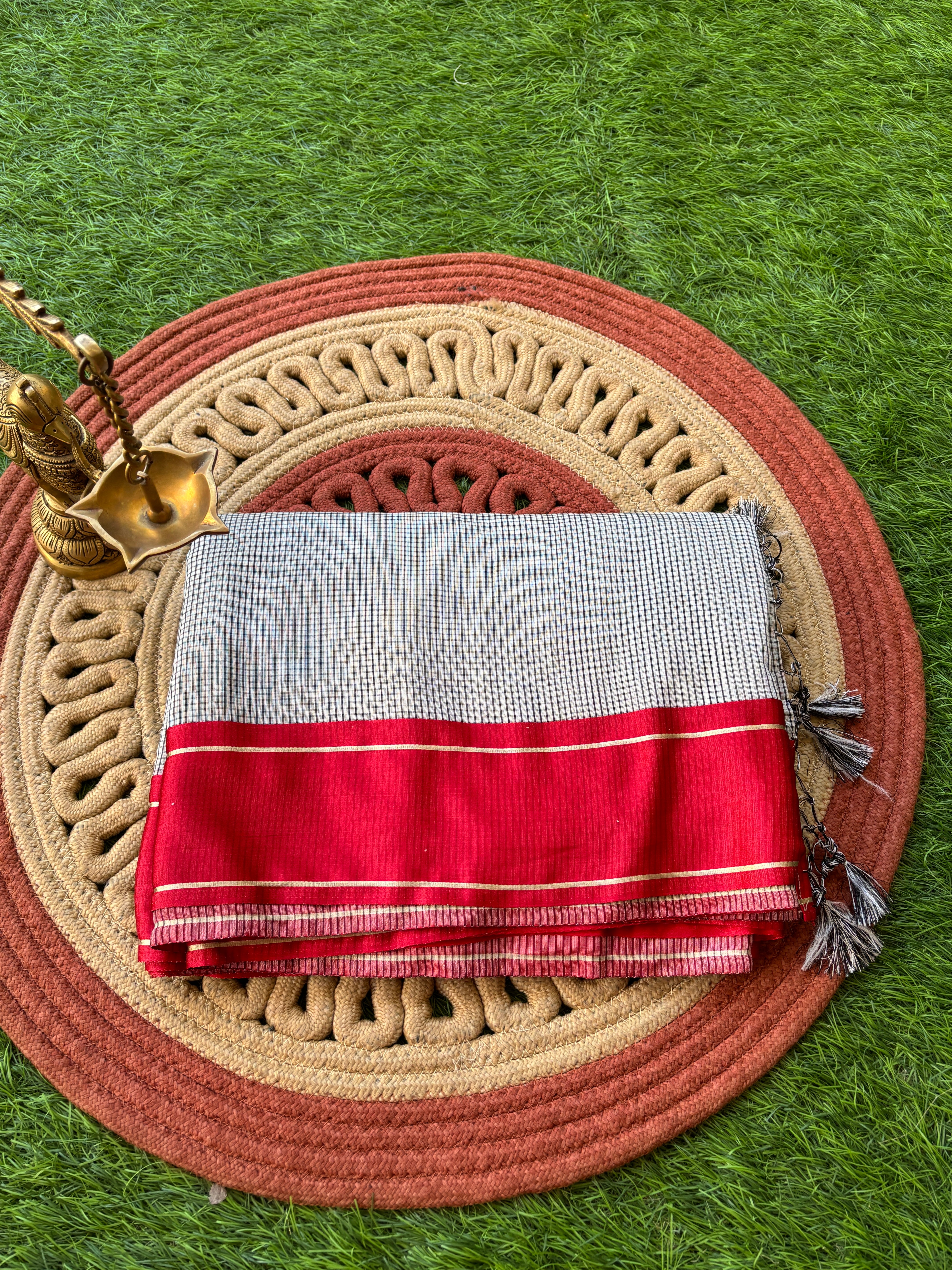 White Pure Cotton Saree with Black Checks & Hand Floral Embroidery with Red Border | Chandrika Lifestyles