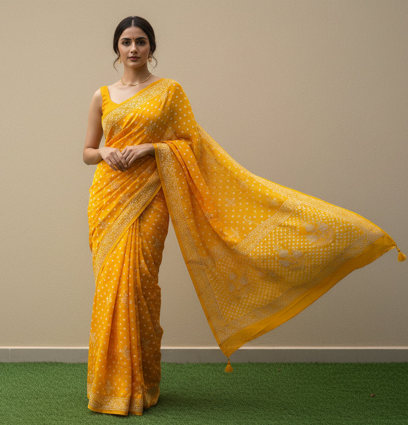Mango Yellow Modal Silk Bandhej Saree | Chandrika Lifestyles