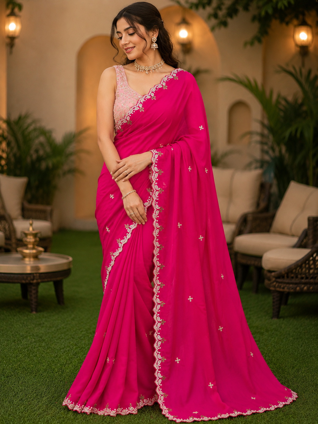 Luxury Rani Pink Pure Crepe Silk Saree with Scallop Chhida Work Border & Baby Pink Designer Blouse