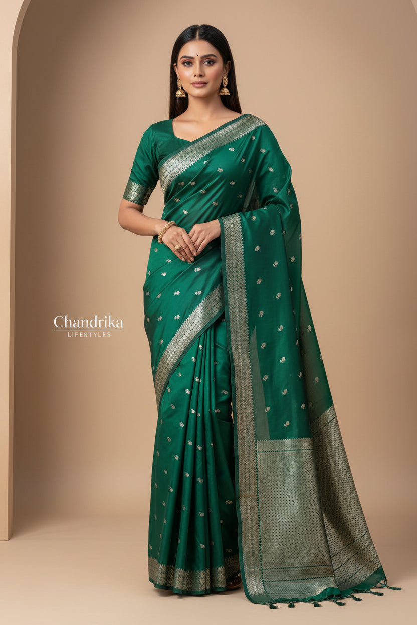 Bottle Green Pure Banarasi Saree with Silver Zari Embroidery, Butta & Border | Chandrika Lifestyles