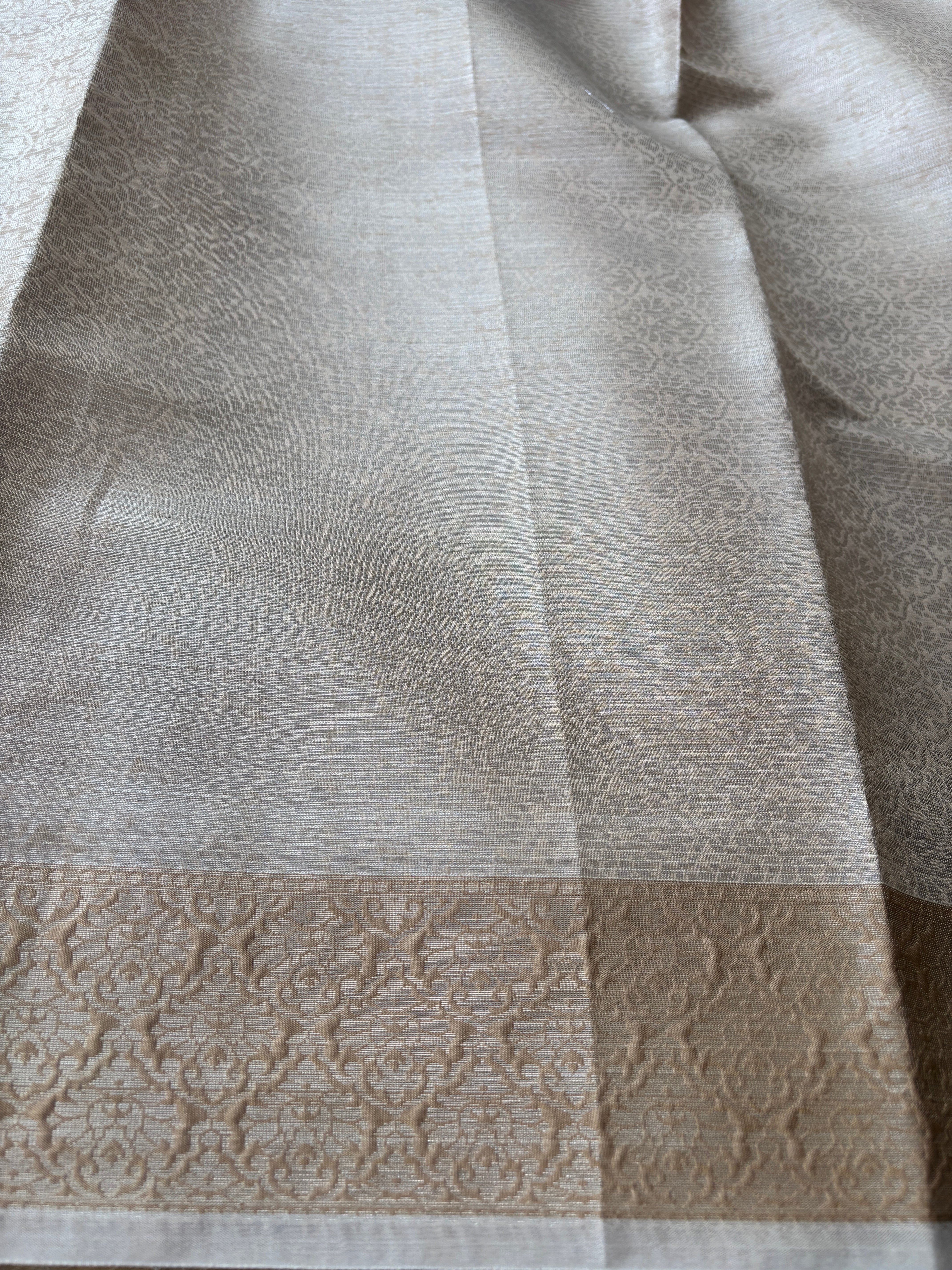 Beige Pure Banarasi Cotton Saree with Allover Jaal Silver Zari Work | Chandrika Lifestyles