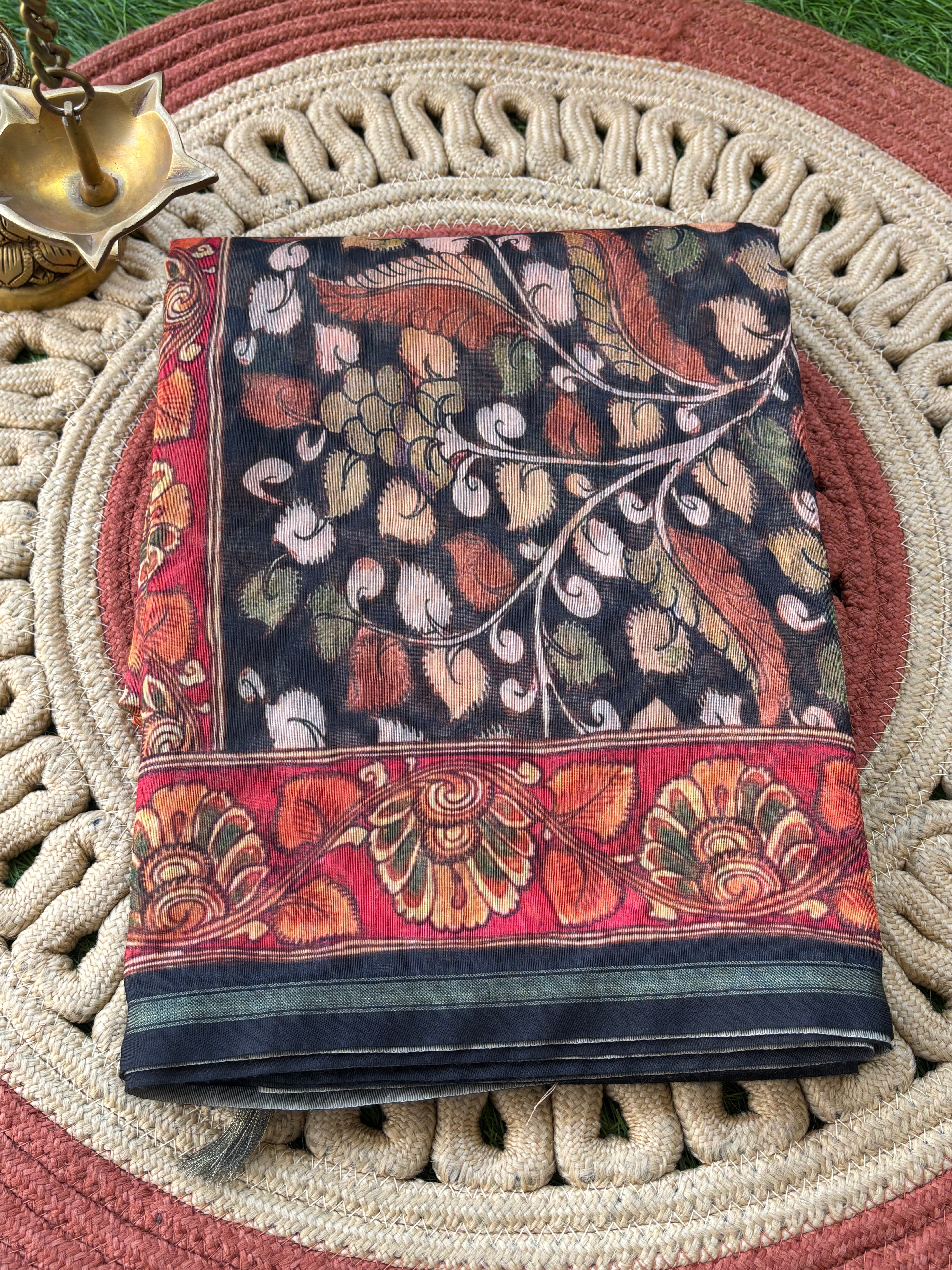 Black Mercerized Cotton Saree with Allover Digital Print | Chandrika Lifestyles