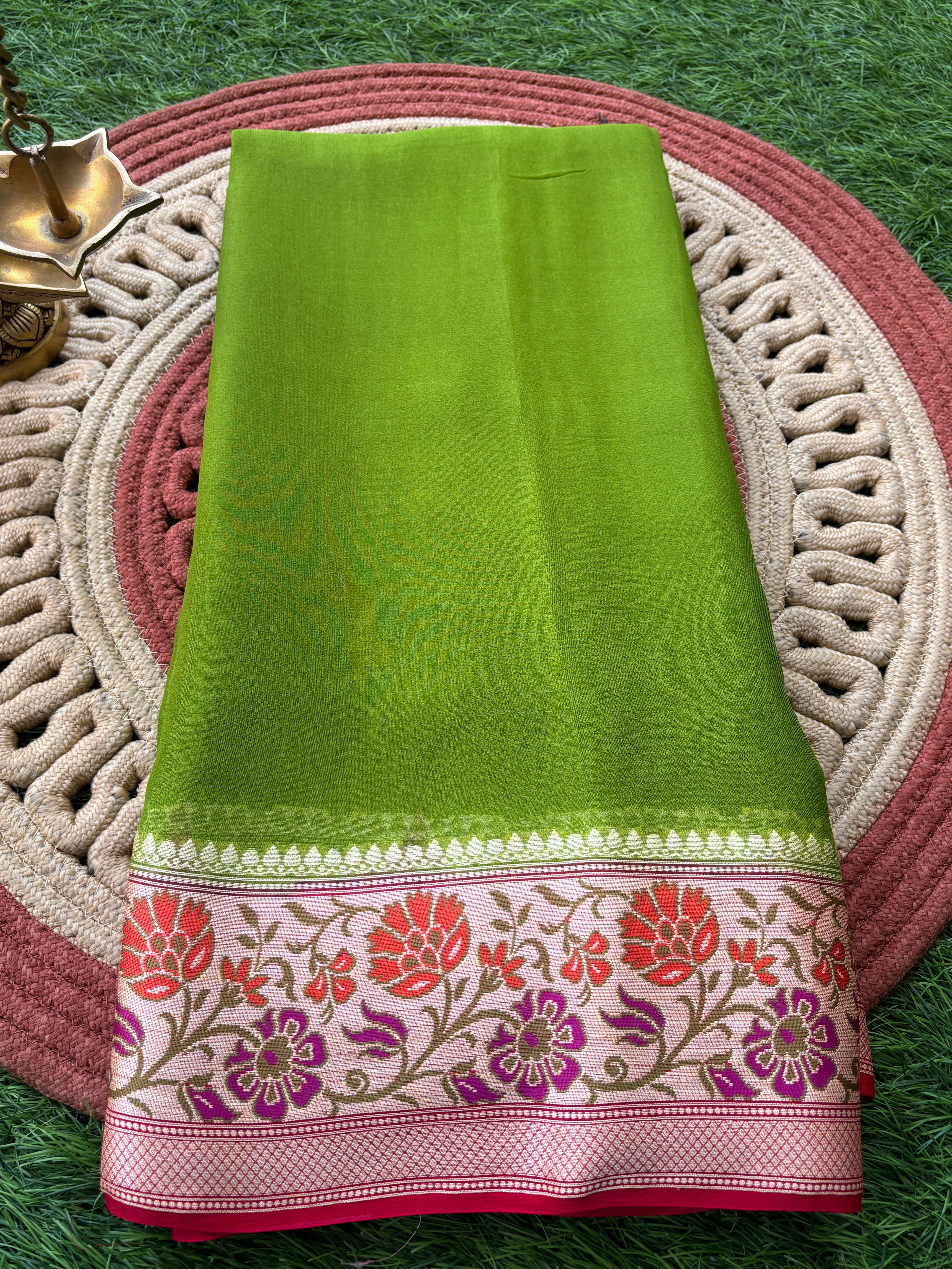 Green Khaddi Georgette Banarasi Saree with Paithani Weaving Border & Red Blouse | Chandrika Lifestyles