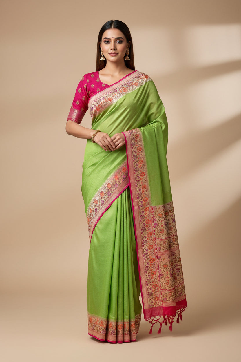 Green Khaddi Georgette Banarasi Saree with Paithani Weaving Border & Red Blouse | Chandrika Lifestyles
