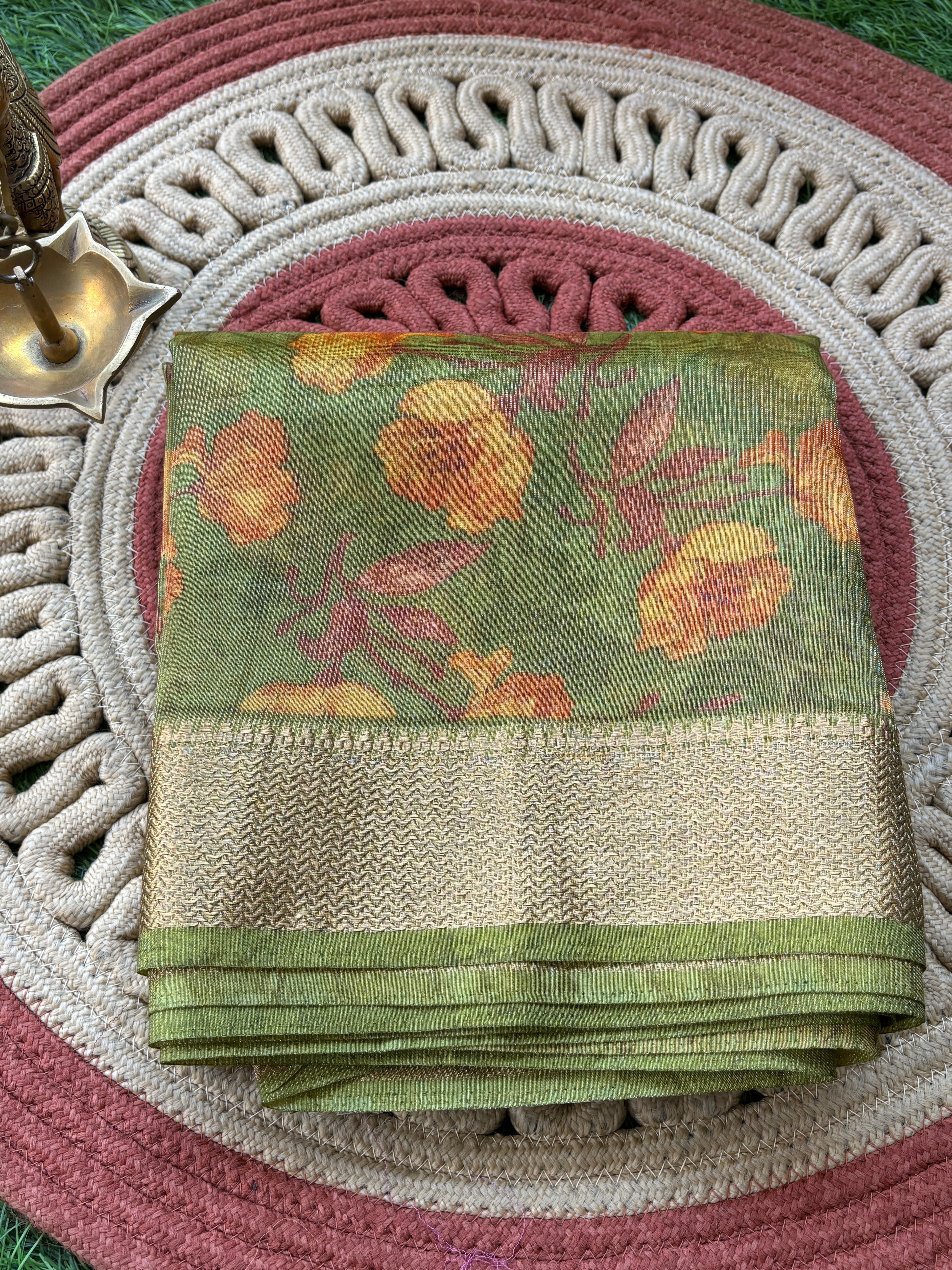 Olive Green Mercerized Cotton Saree with Allover Digital Print | Chandrika Lifestyles