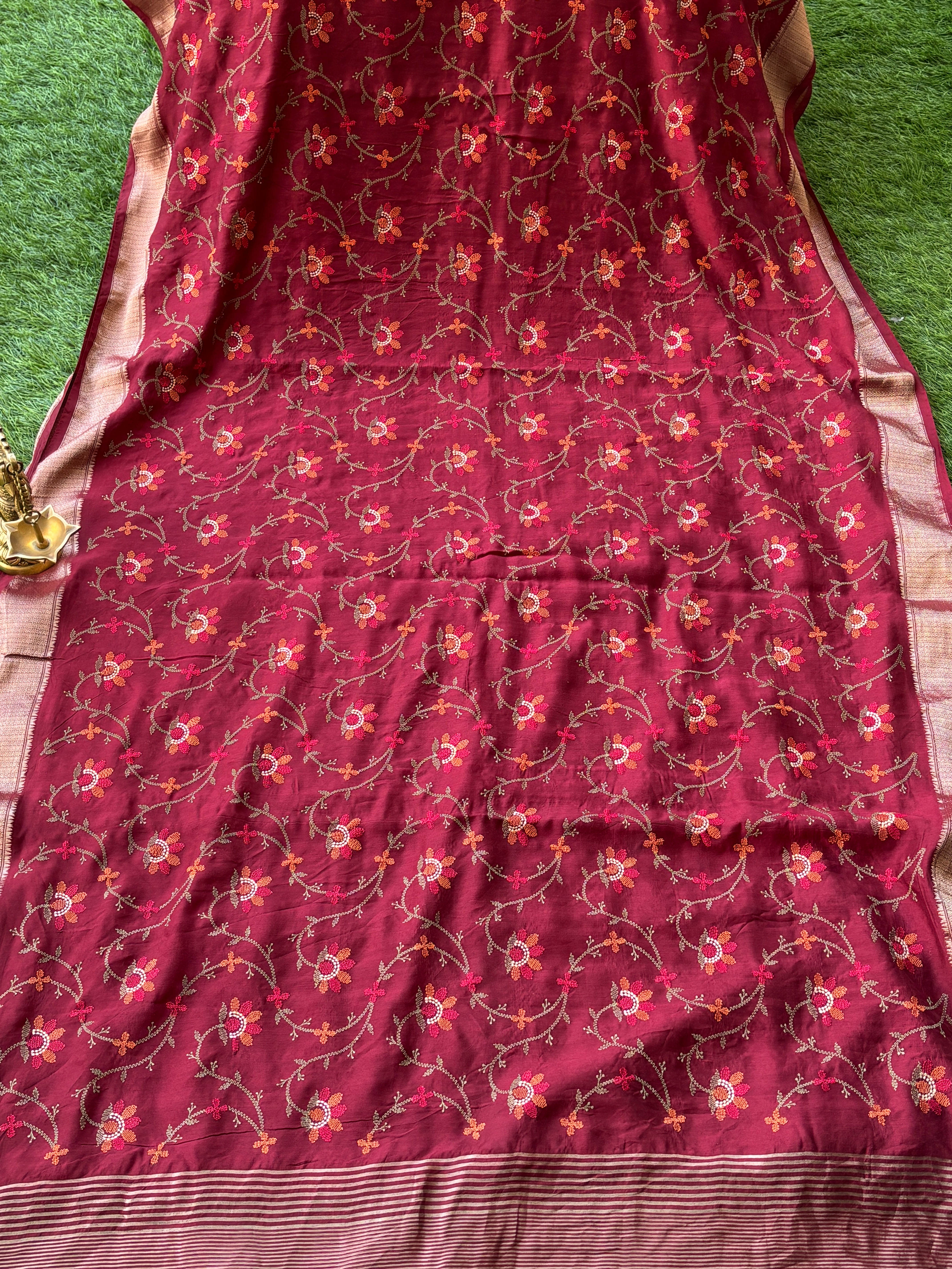 Maroon Georgette Saree with Thread Weaving, Floral Embroidery & Zari Woven Pallu