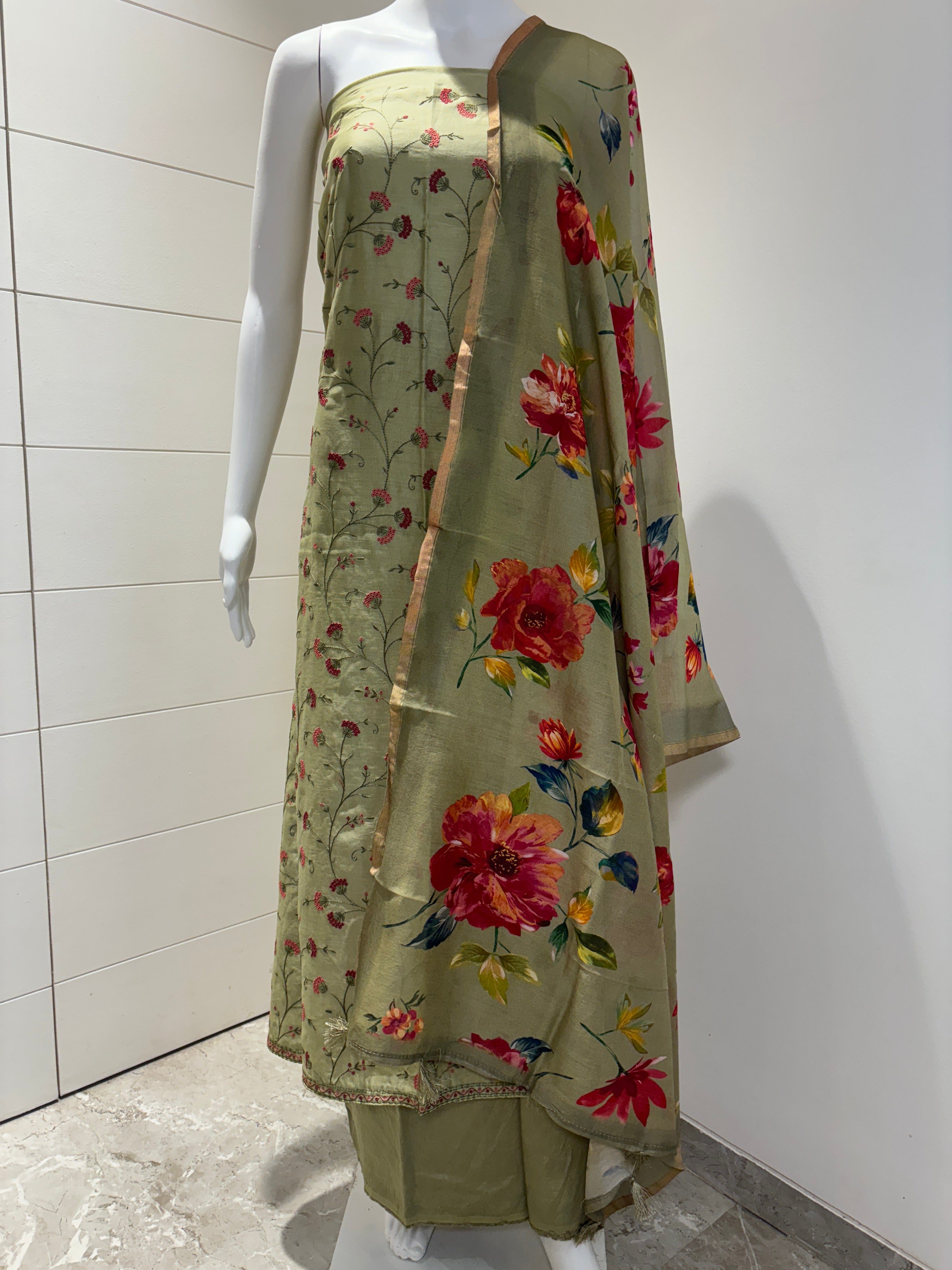 embrioderied cotton suit material printed dupatta. Pure Cotton Mehendi Green All-Over Embroidered Butti Suit Material with Digital Floral Printed Dupatta