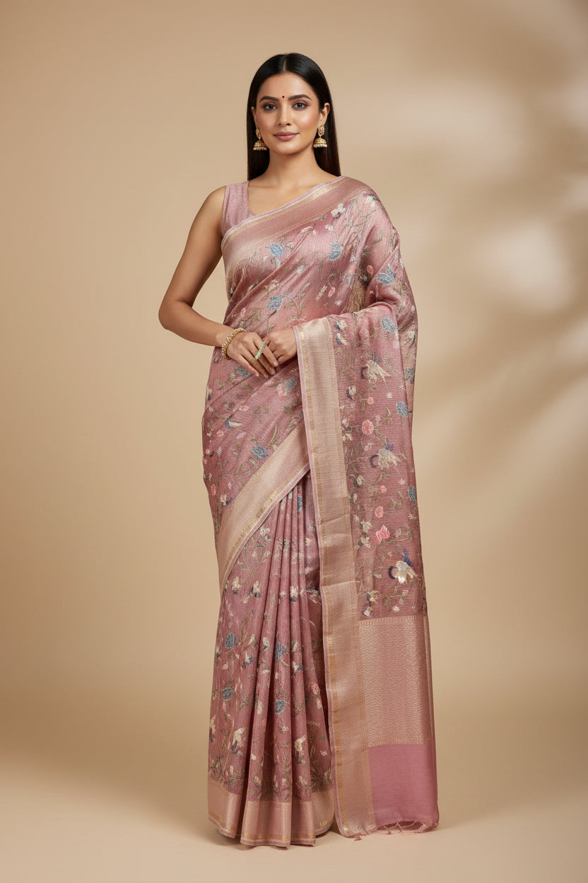 Baby Pink Pure Crush Tissue Kora Organza Designer Saree with Thread Embroidery