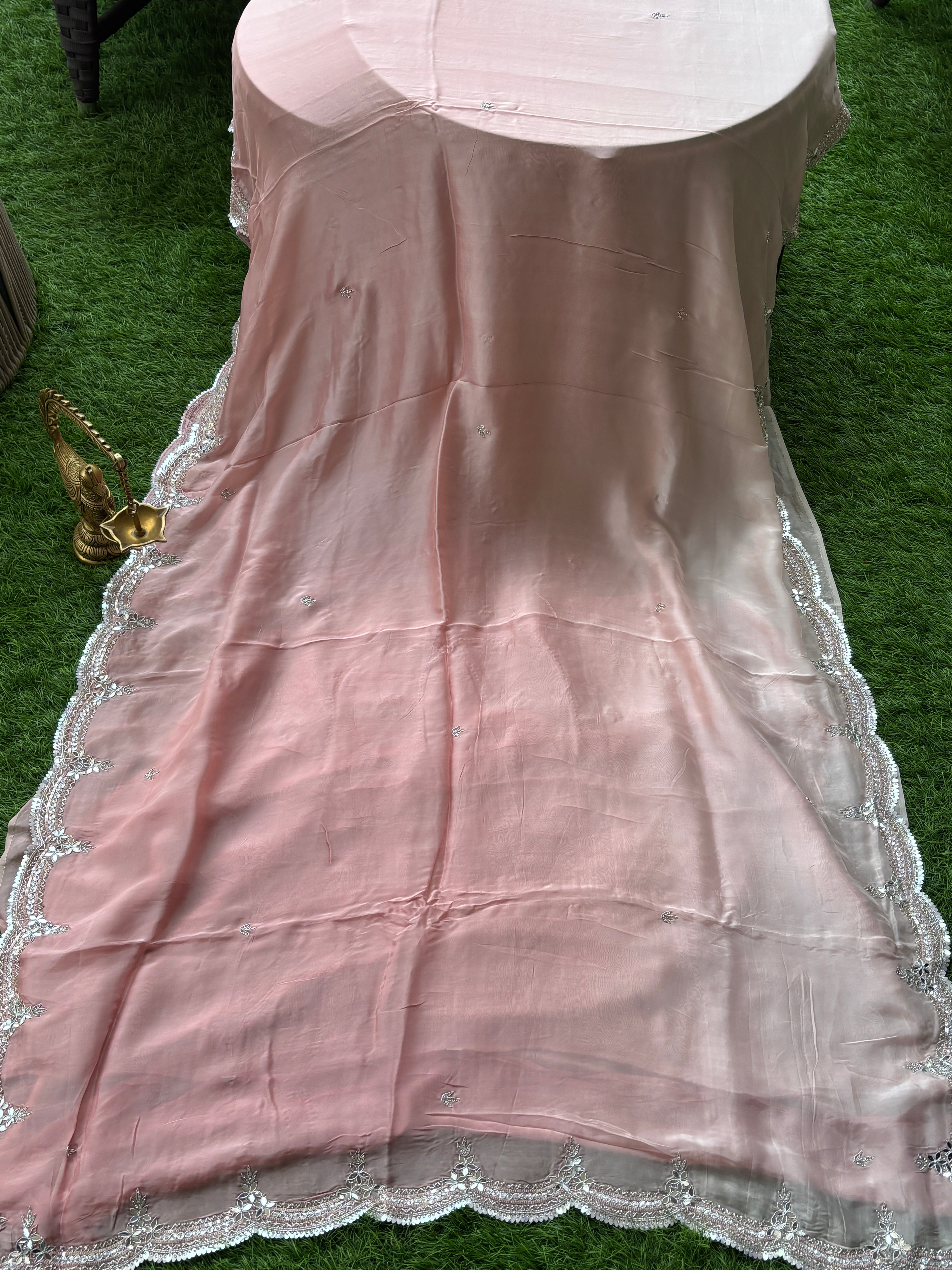Elegant Peach Pink Pure Crepe Silk Saree with Designer Scallop Border