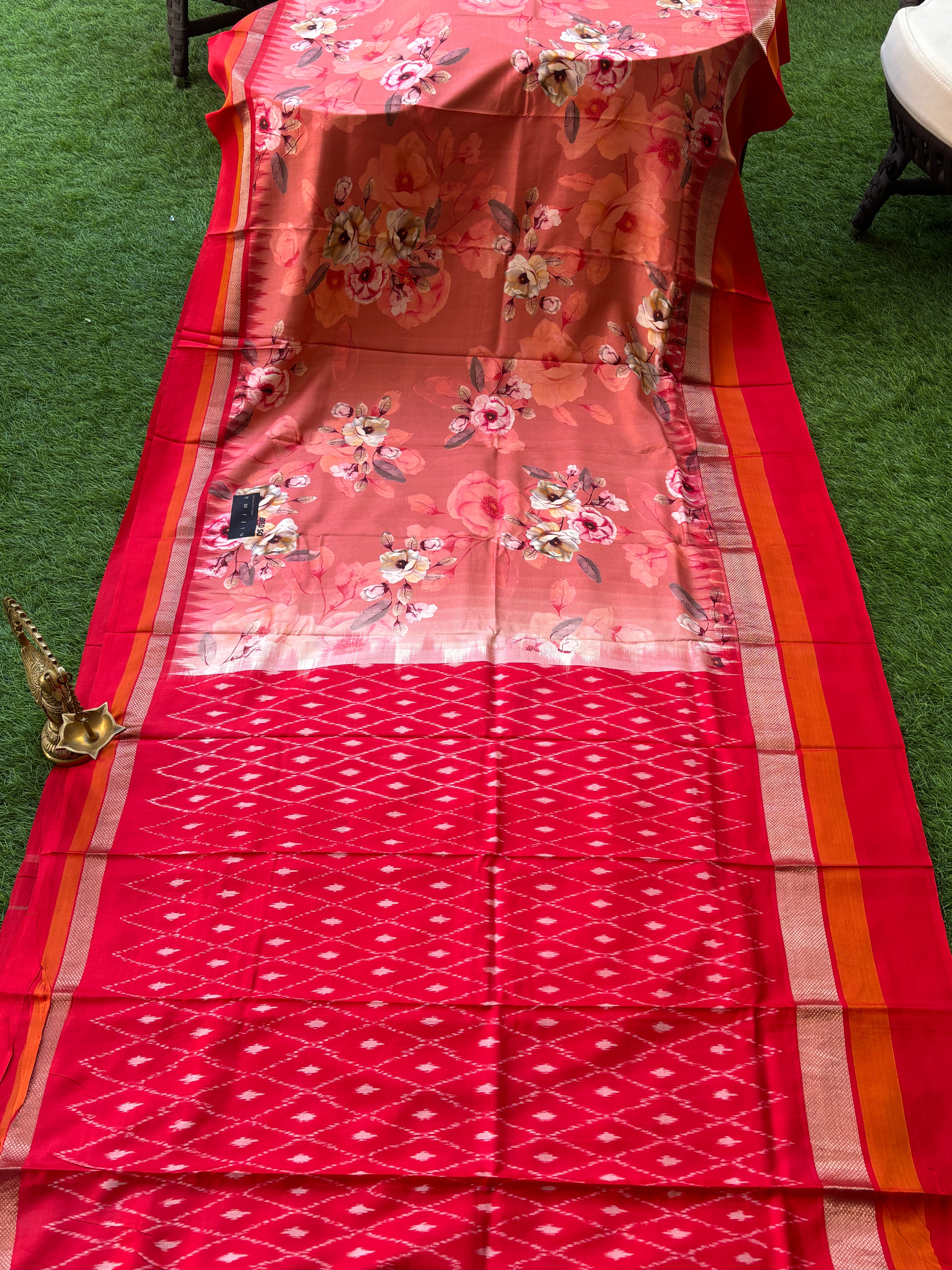 Red Ikat Pallu on Peach Pink Pure Silk Floral Printed Saree