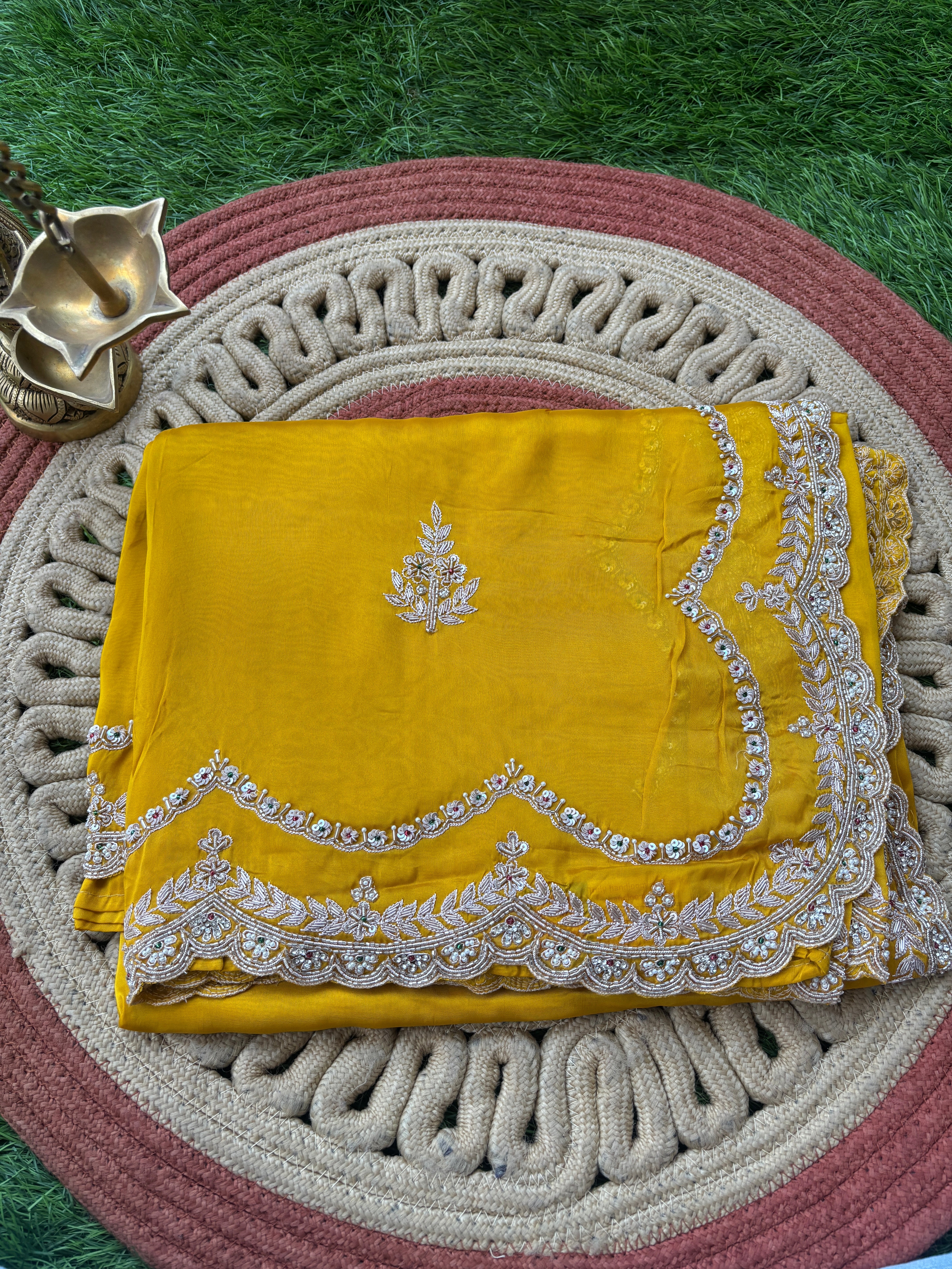 Mango Yellow Pure Crepe Silk Saree with Scallop & Zardozi Work | Chandrika Lifestyles