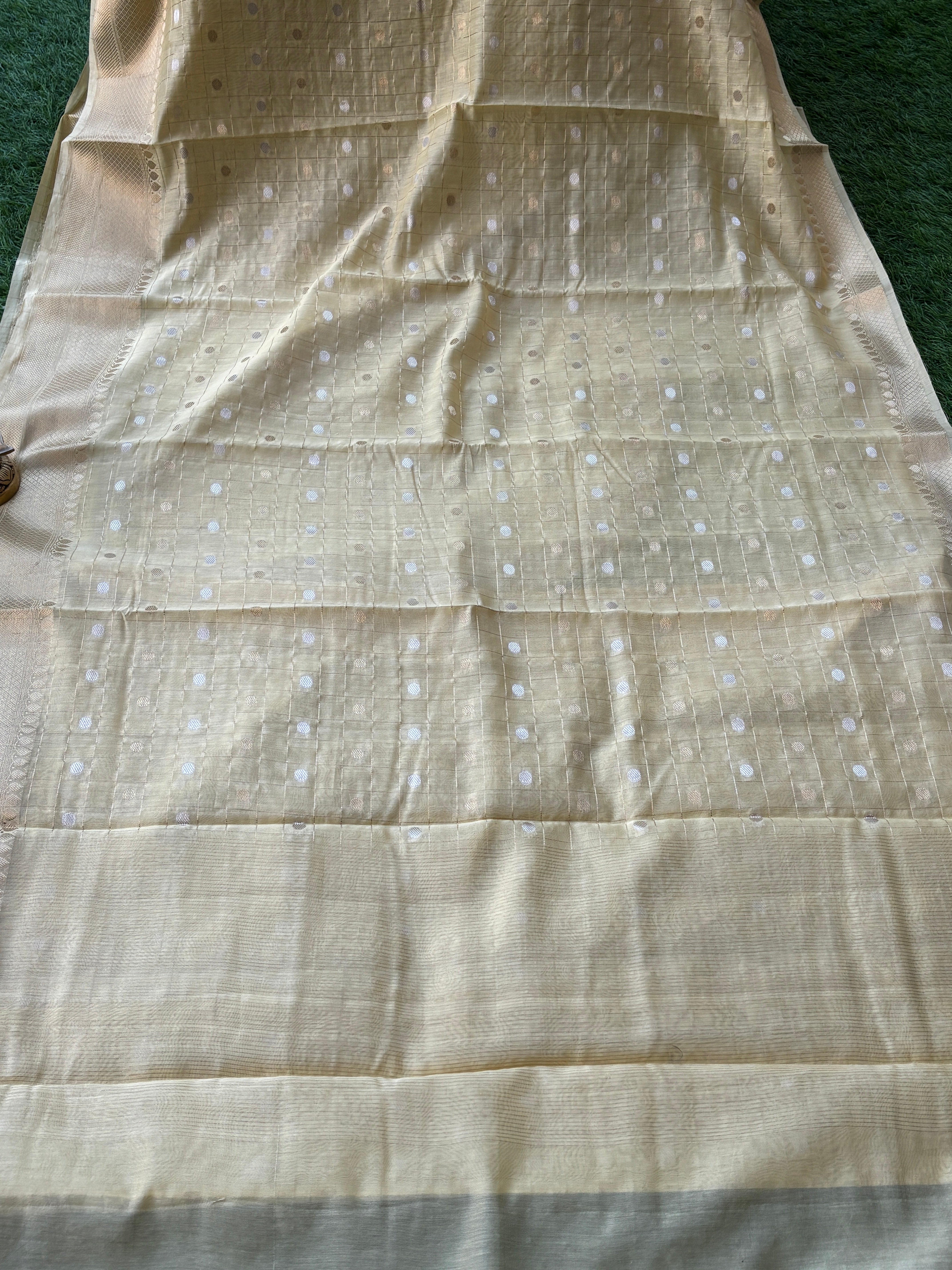 Lemon Yellow Banarasi Silk Cotton Saree with Zari Checks & Butta | Chandrika Lifestyles
