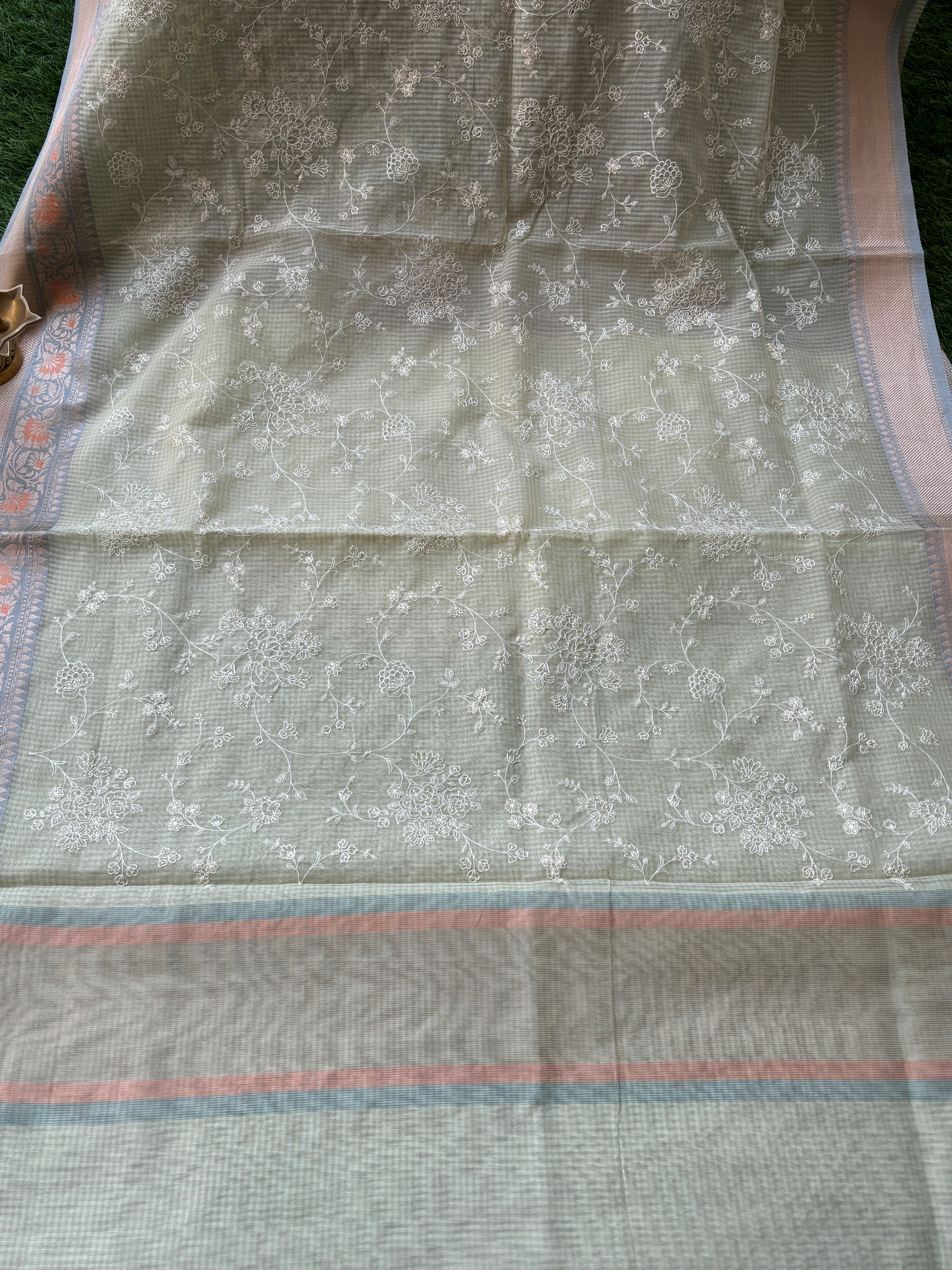 Pastel Pista Green Banarasi Mercerised Cotton Saree with Thread Embroidery & Resham Border
