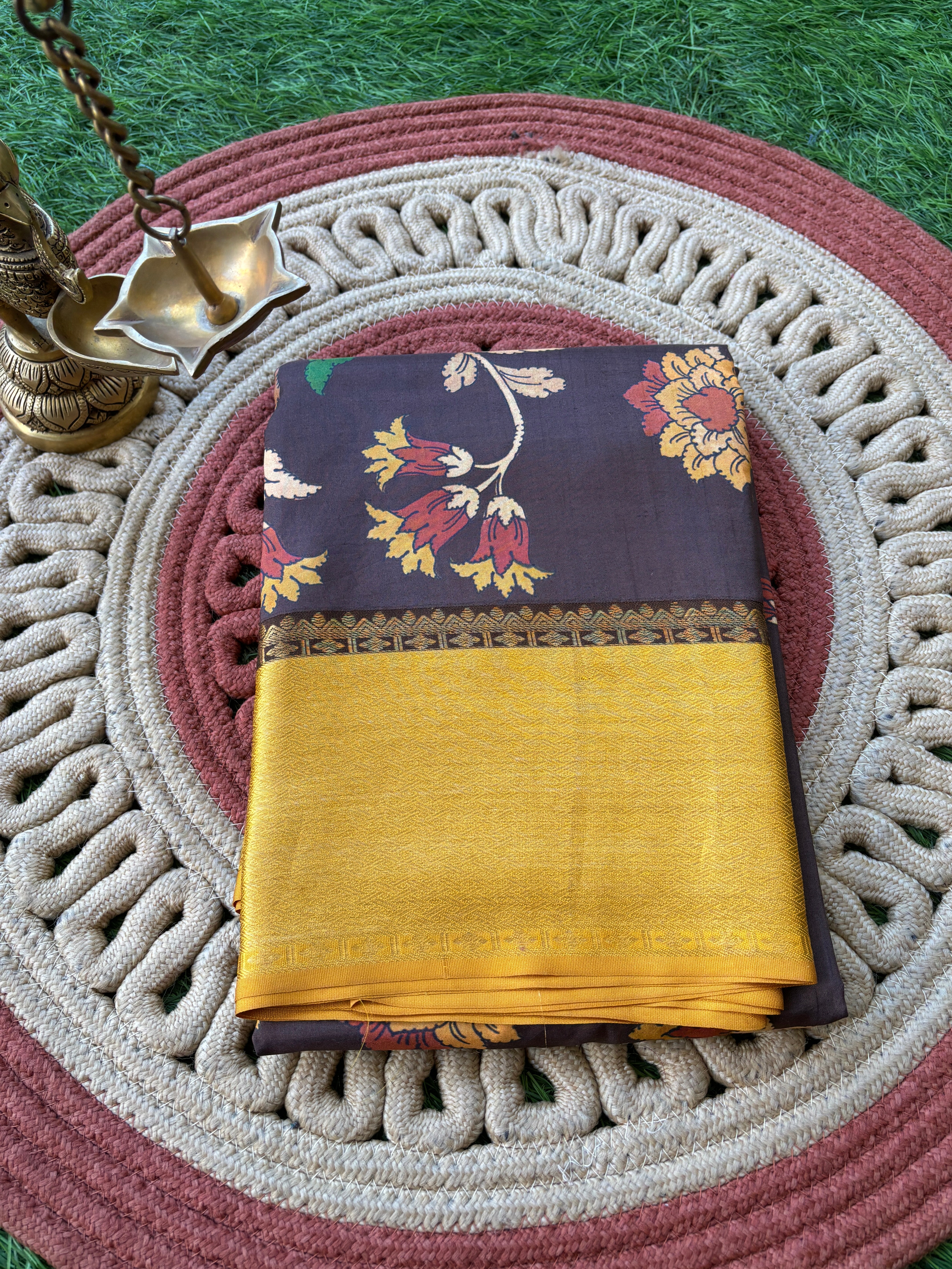 Dark Brown & Yellow Pure Silk Saree with Digital Print & Kanchipuram Border and Pallu | Chandrika Lifestyles