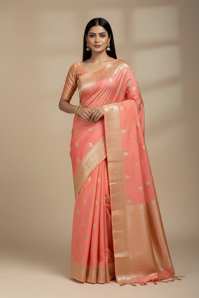 Peach Pink Banarasi Silk Saree | Chandrika Lifestyles