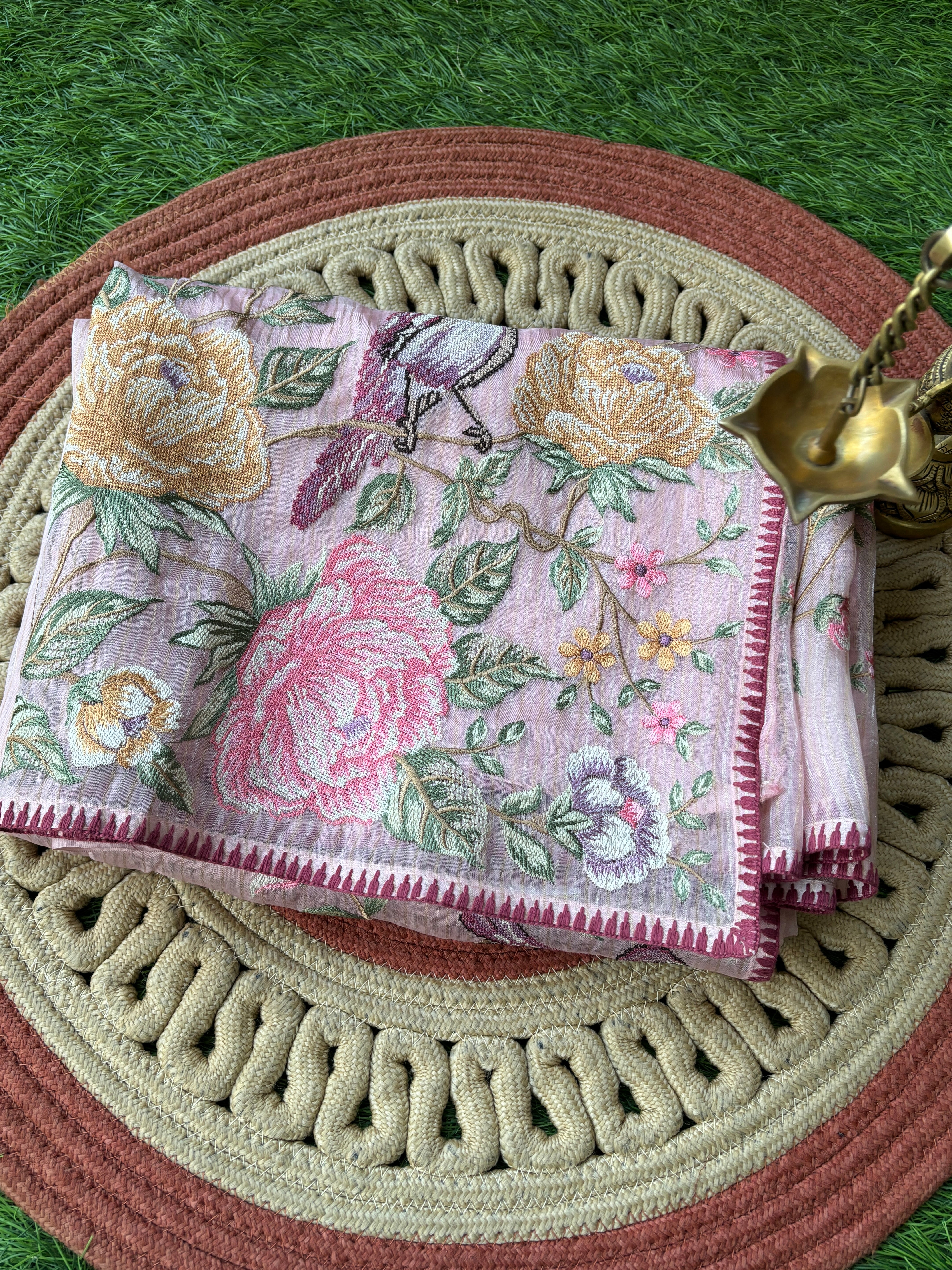 Baby Pink Pure Organza Saree with Floral & Bird Embroidery