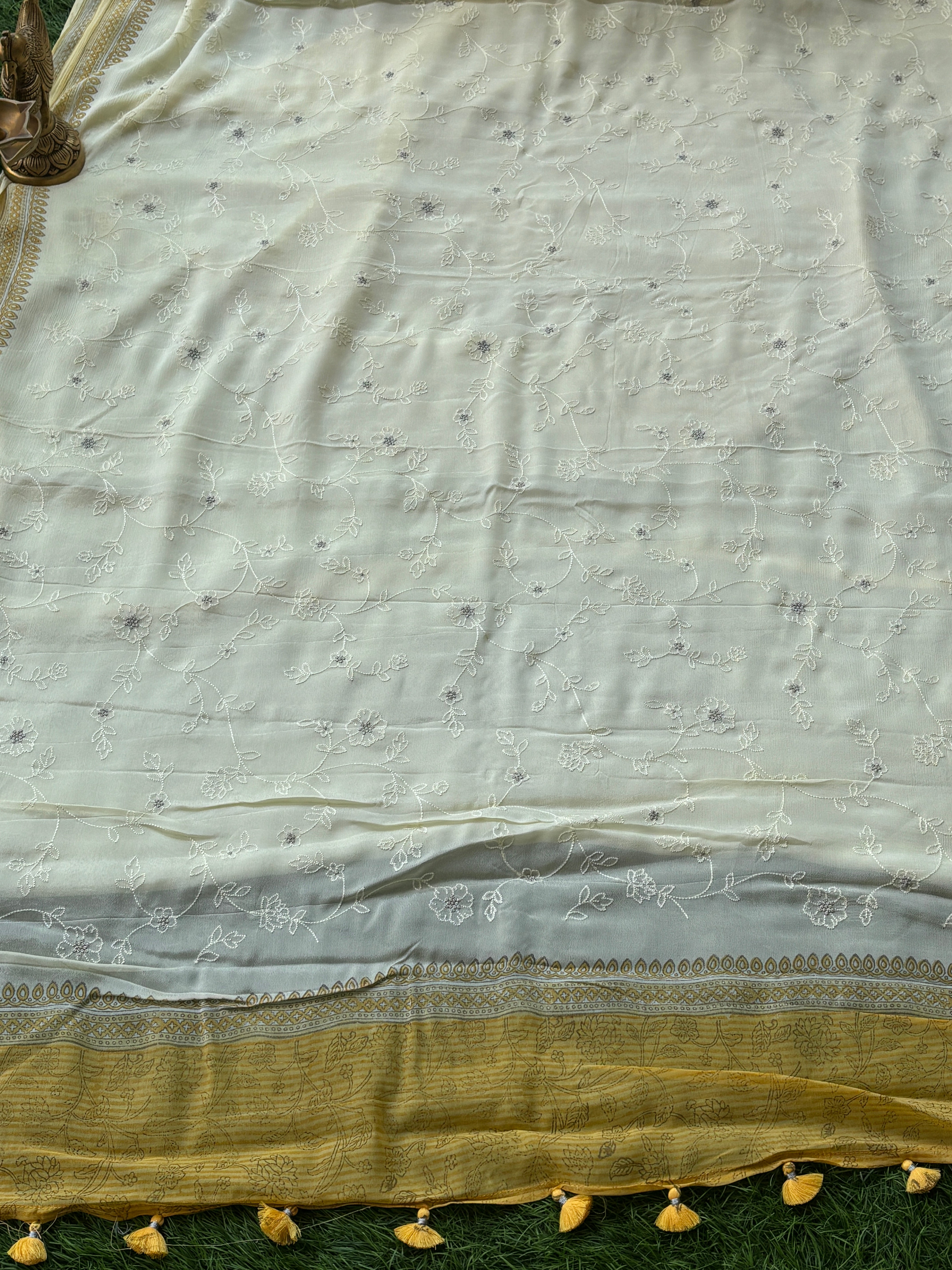 Lemon Yellow Chilia Silk Saree with Allover Silver Butta | Chandrika Lifestyles