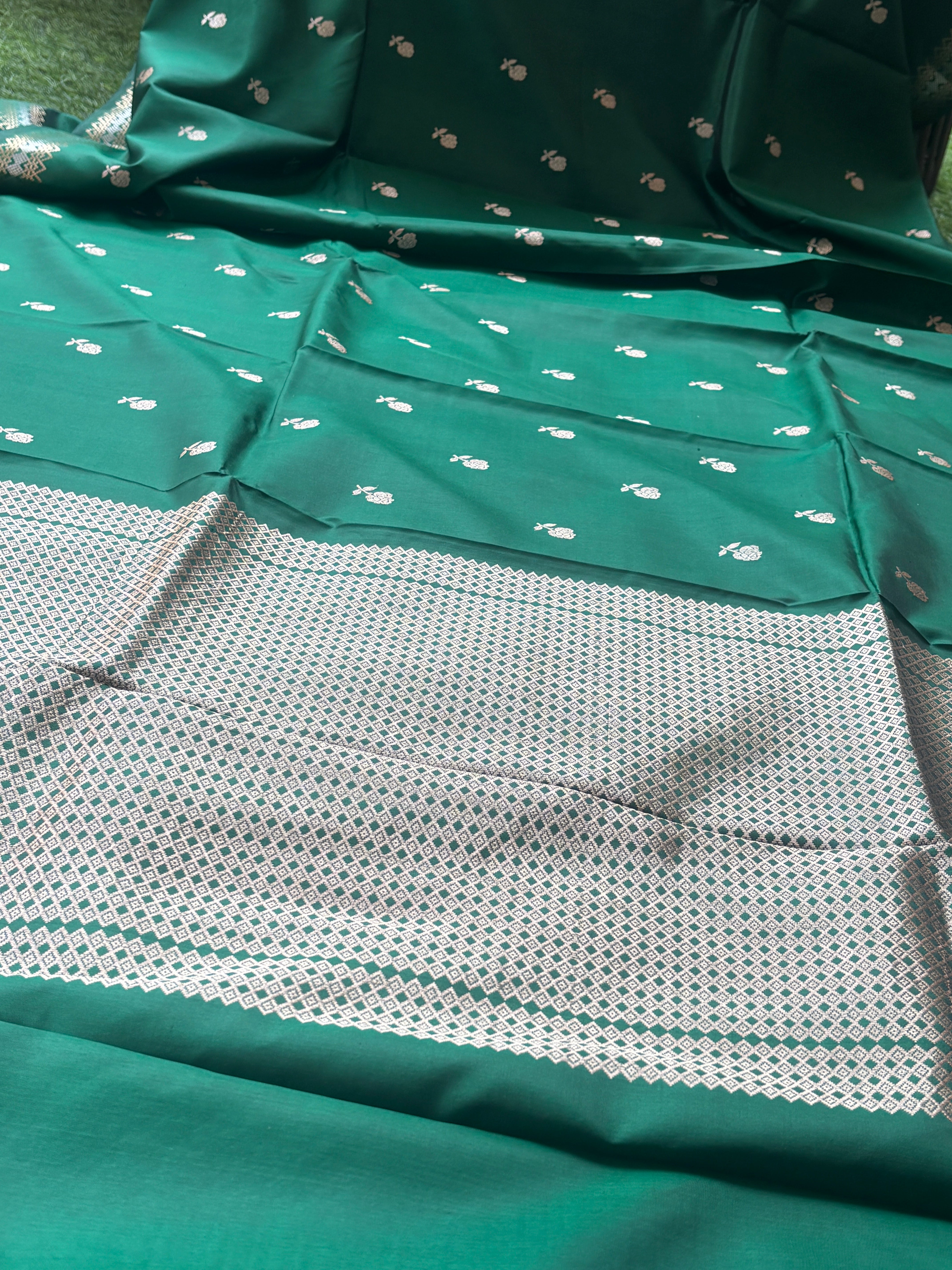 Bottle Green Pure Banarasi Saree with Silver Zari Embroidery, Butta & Border | Chandrika Lifestyles