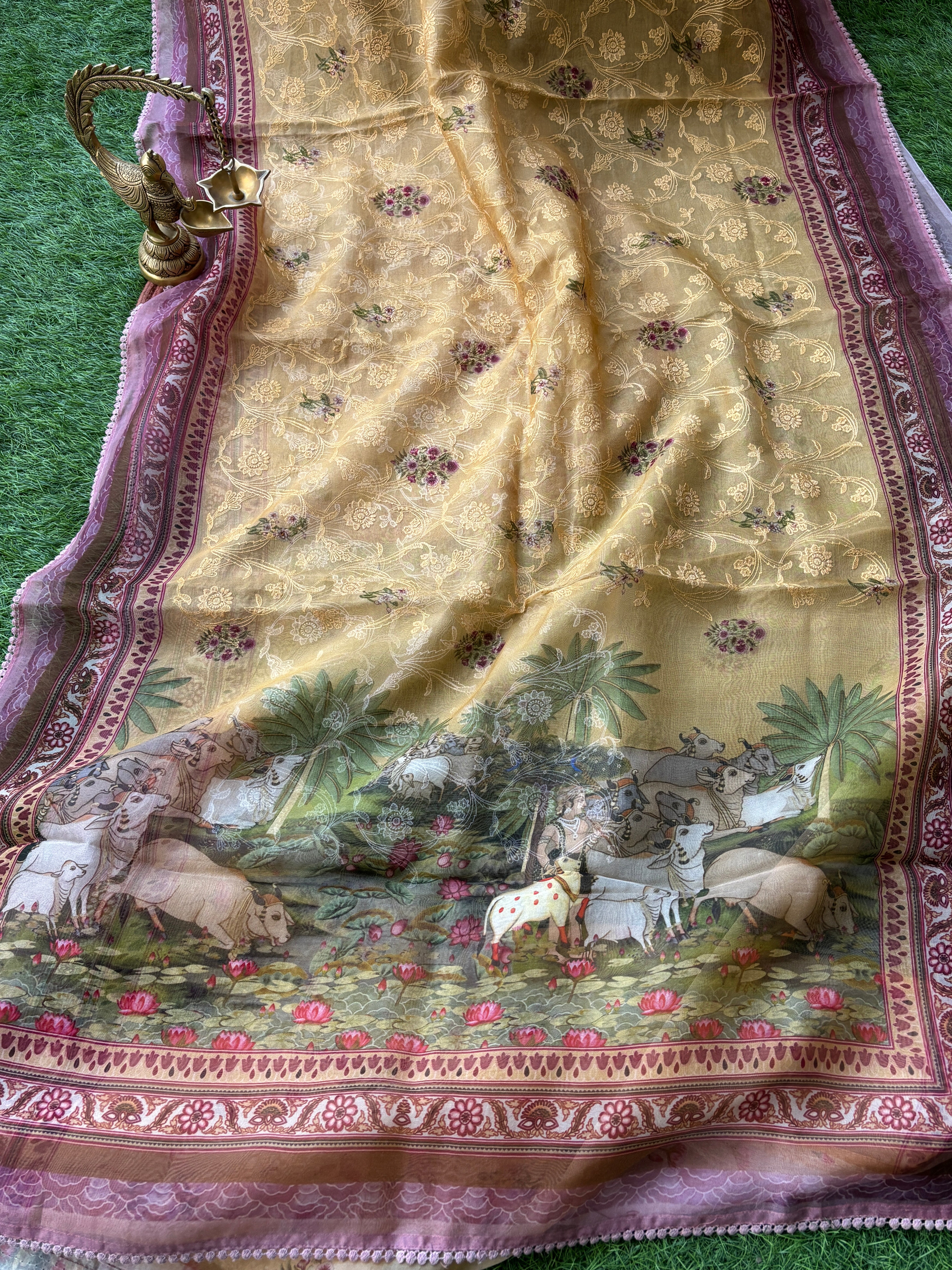 Mustard Yellow Pure Organza Saree with Thread Embroidery & Pichwai Digital Printed Pallu