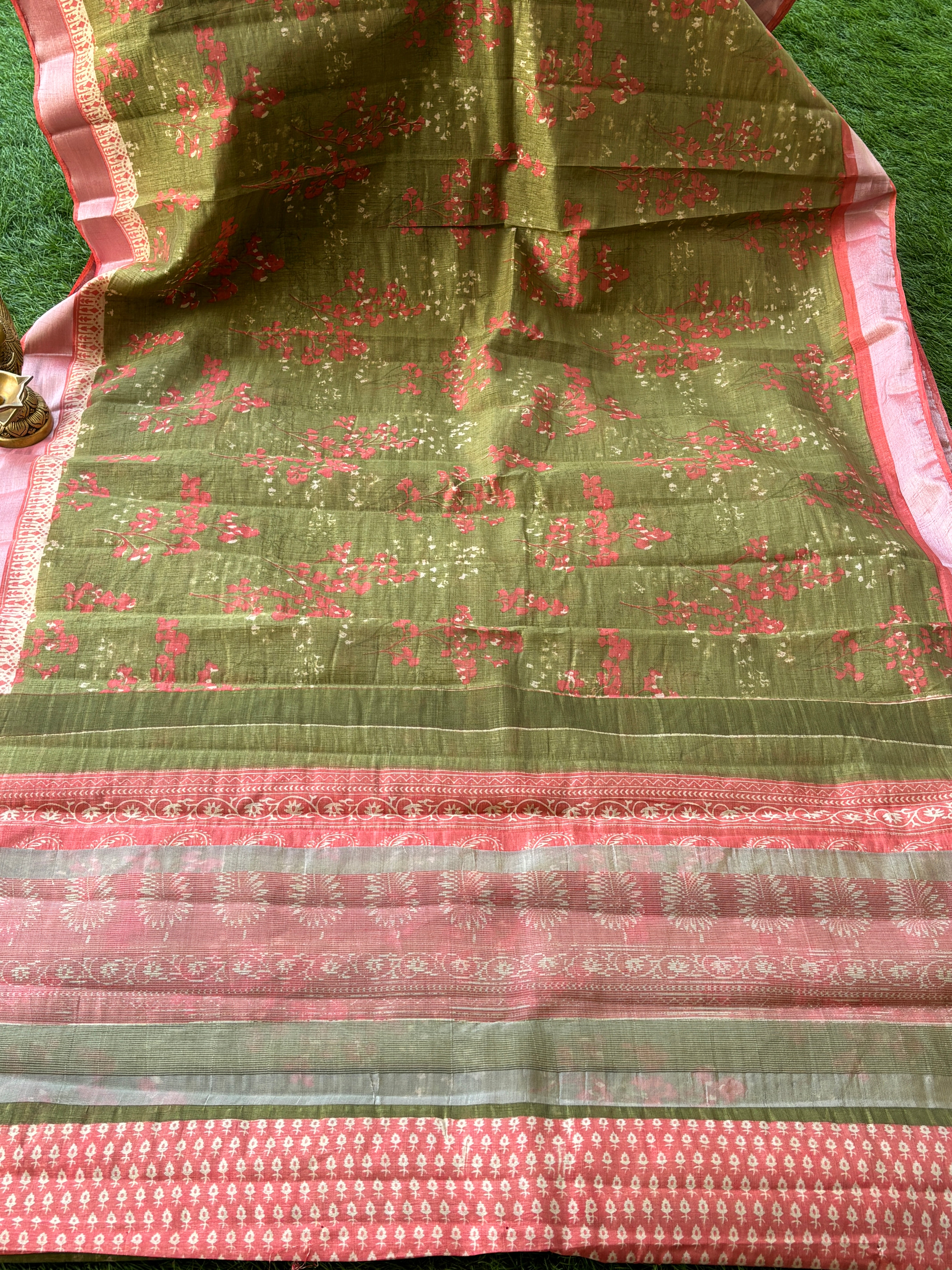 Olive Green Mercerized Cotton Saree with Allover Digital Print | Chandrika Lifestyles