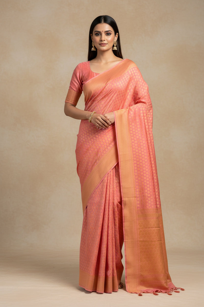Peach Pink Banarasi Khaddi Chiffon Saree with Allover Resham Weaving | Chandrika Lifestyles