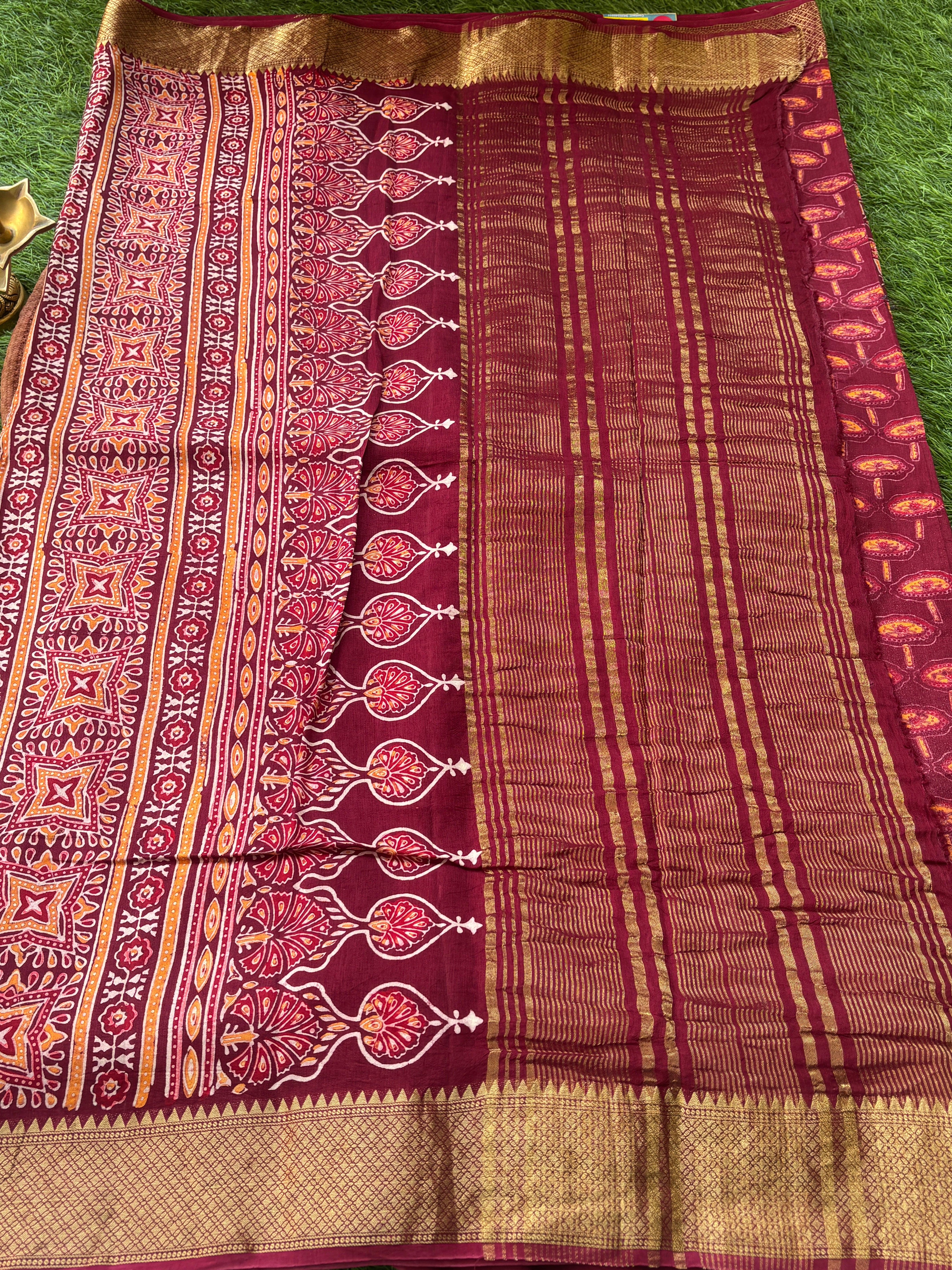 Maroon Ajrak Handblock Printed Cotton Saree with Zari Border | Chandrika Lifestyles