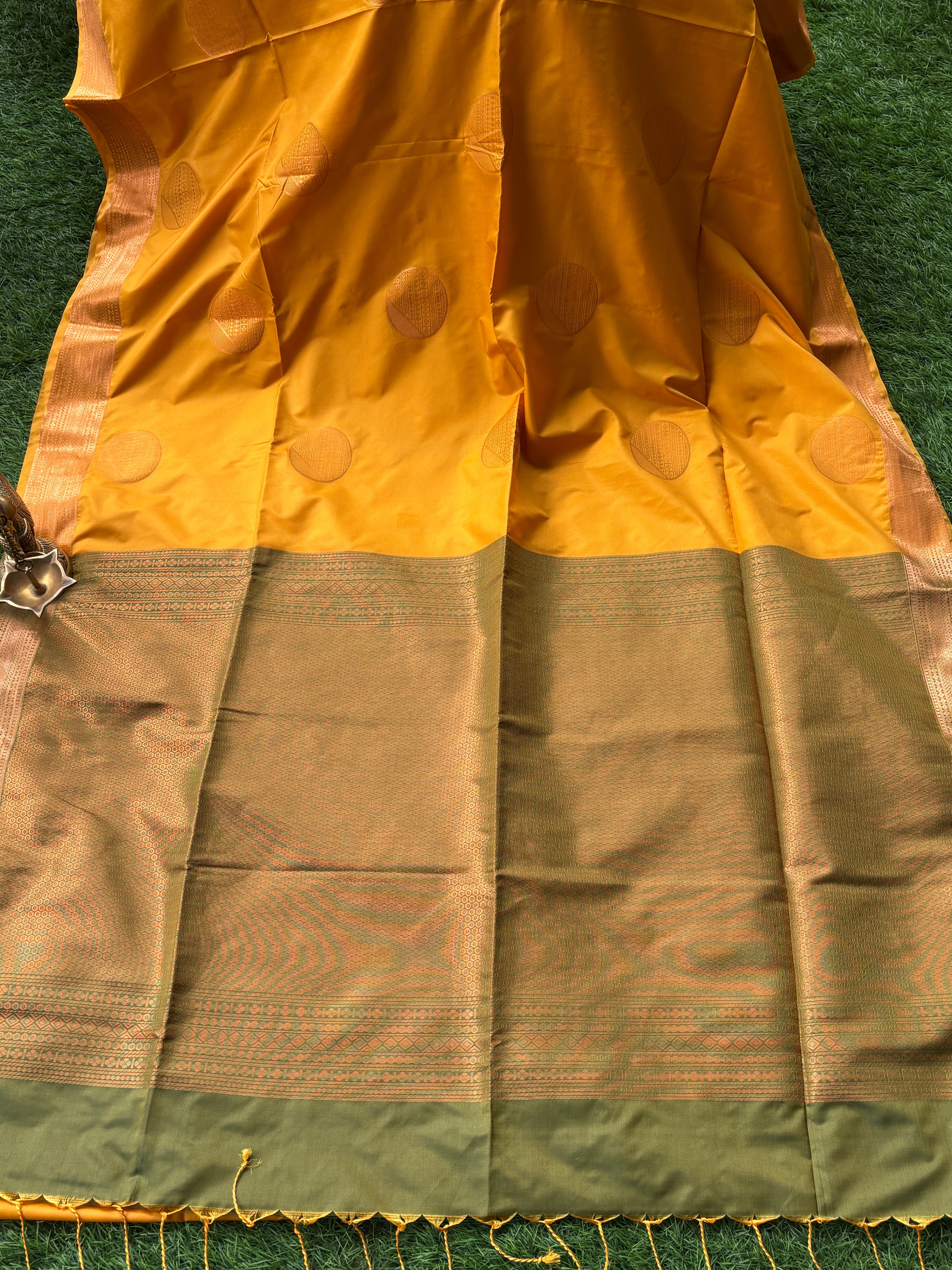 Mango Yellow Art Silk Kanjeevaram Saree with Green Pallu | Chandrika Lifestyles
