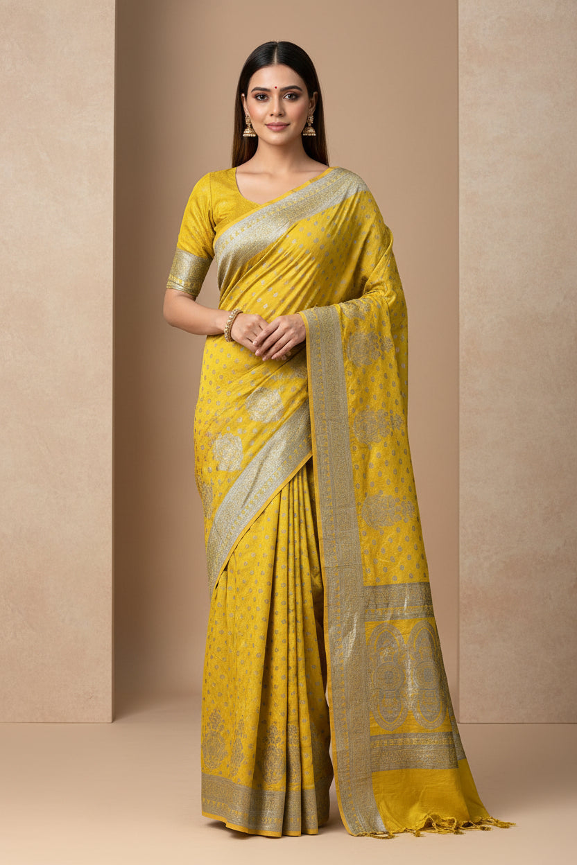 Lemon Yellow Art Silk Saree with Silver Zari Butta & Zari Pallu | Chandrika Lifestyles