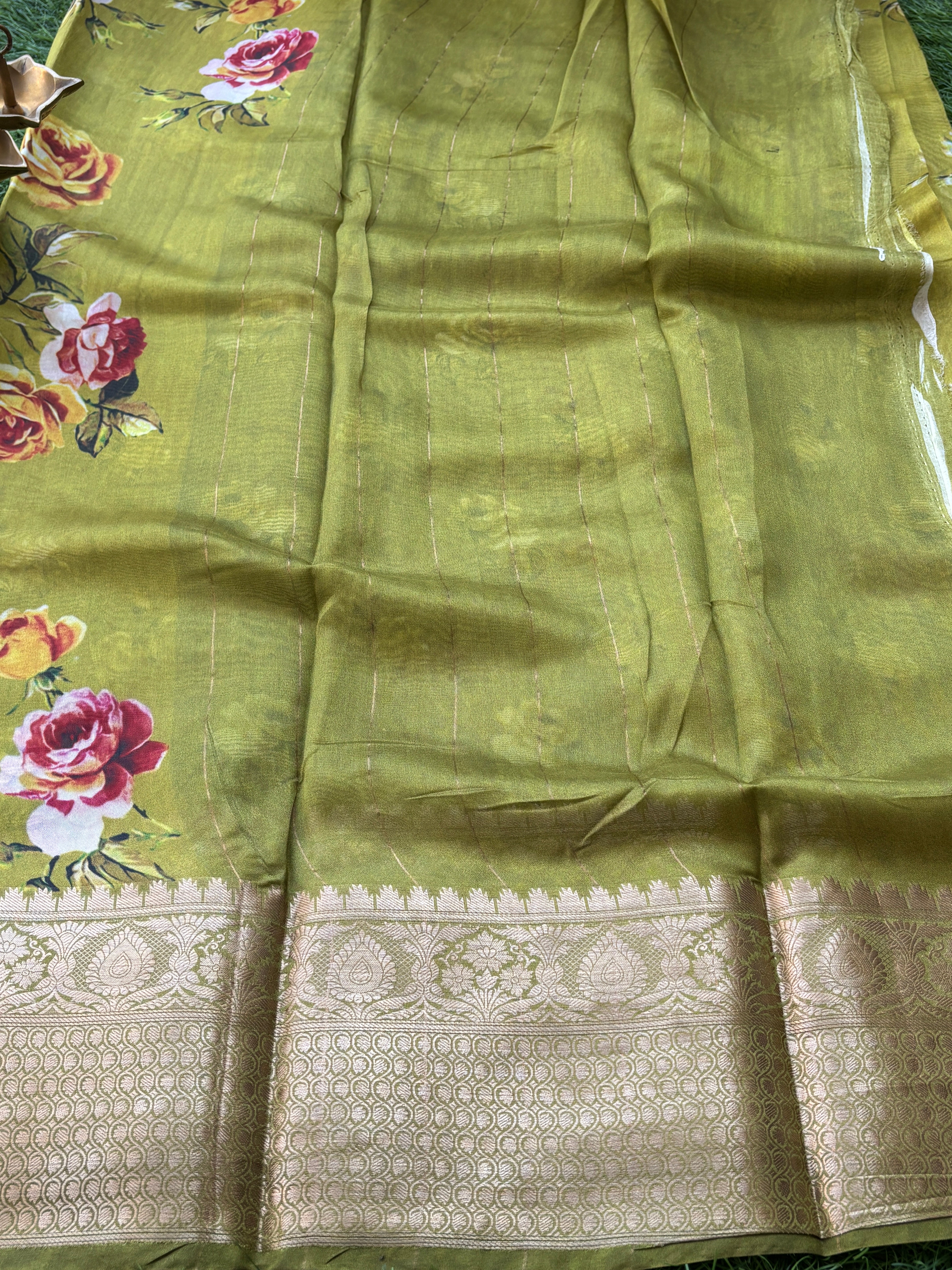Pista Green Pure Georgette Saree with Broad Zari Woven Border & Digital Print