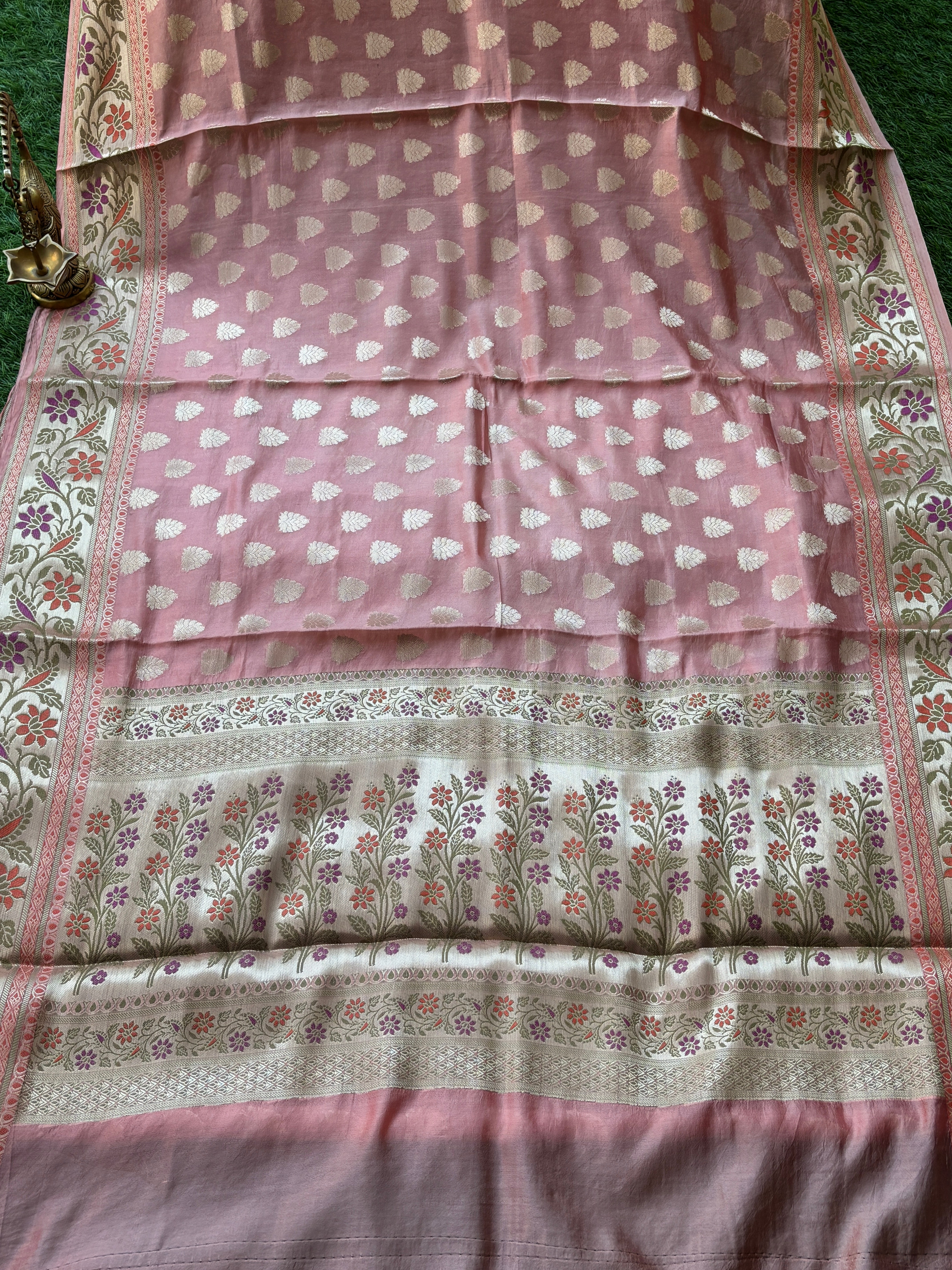 Peach Pink Banarasi Cotton Saree with Floral Meenakari Work & Border | Chandrika Lifestyles