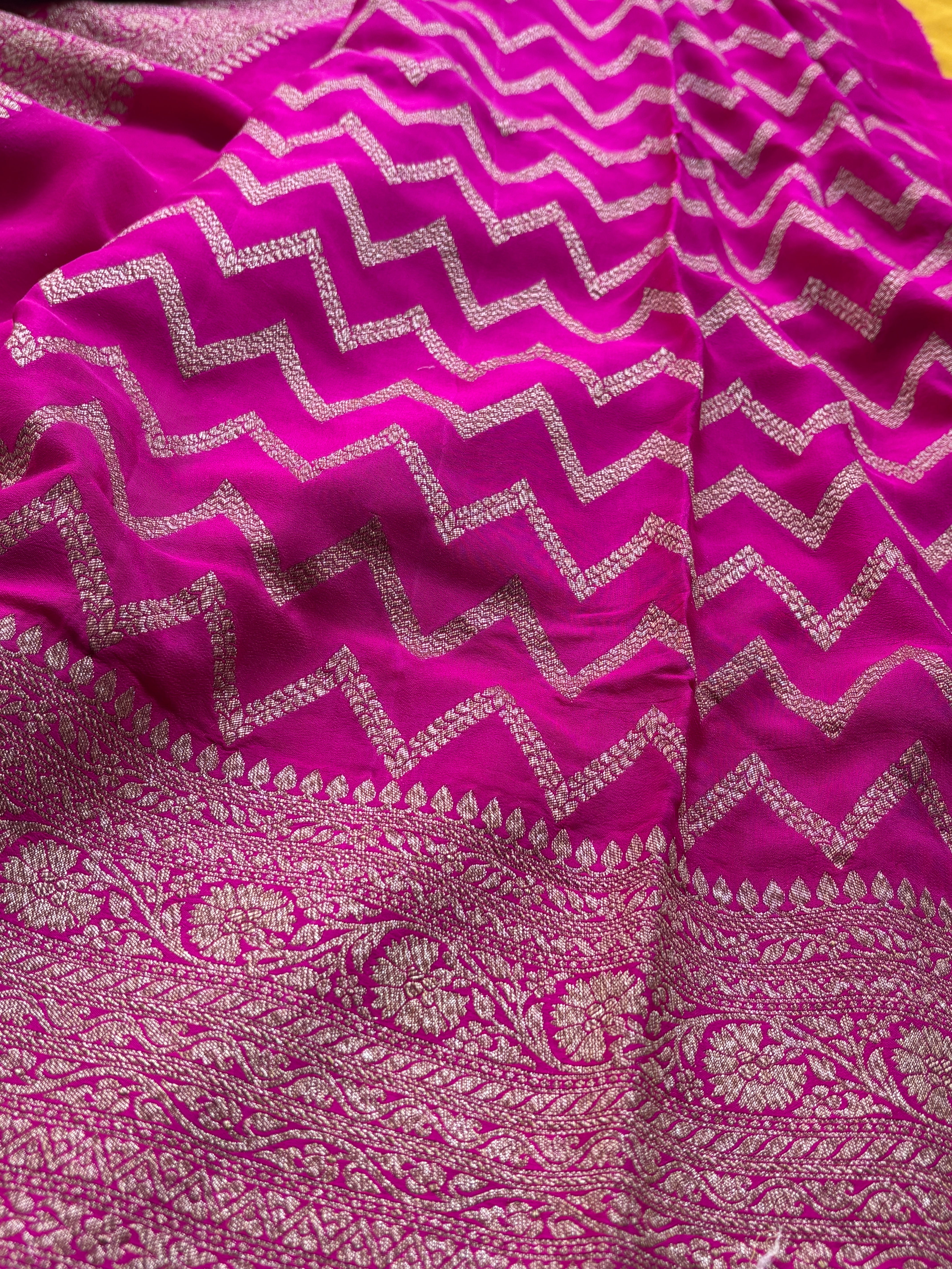 Mango Yellow Pure Banarasi Khaddi Crepe Silk Saree with Pink Border & Pallu | Chandrika Lifestyles