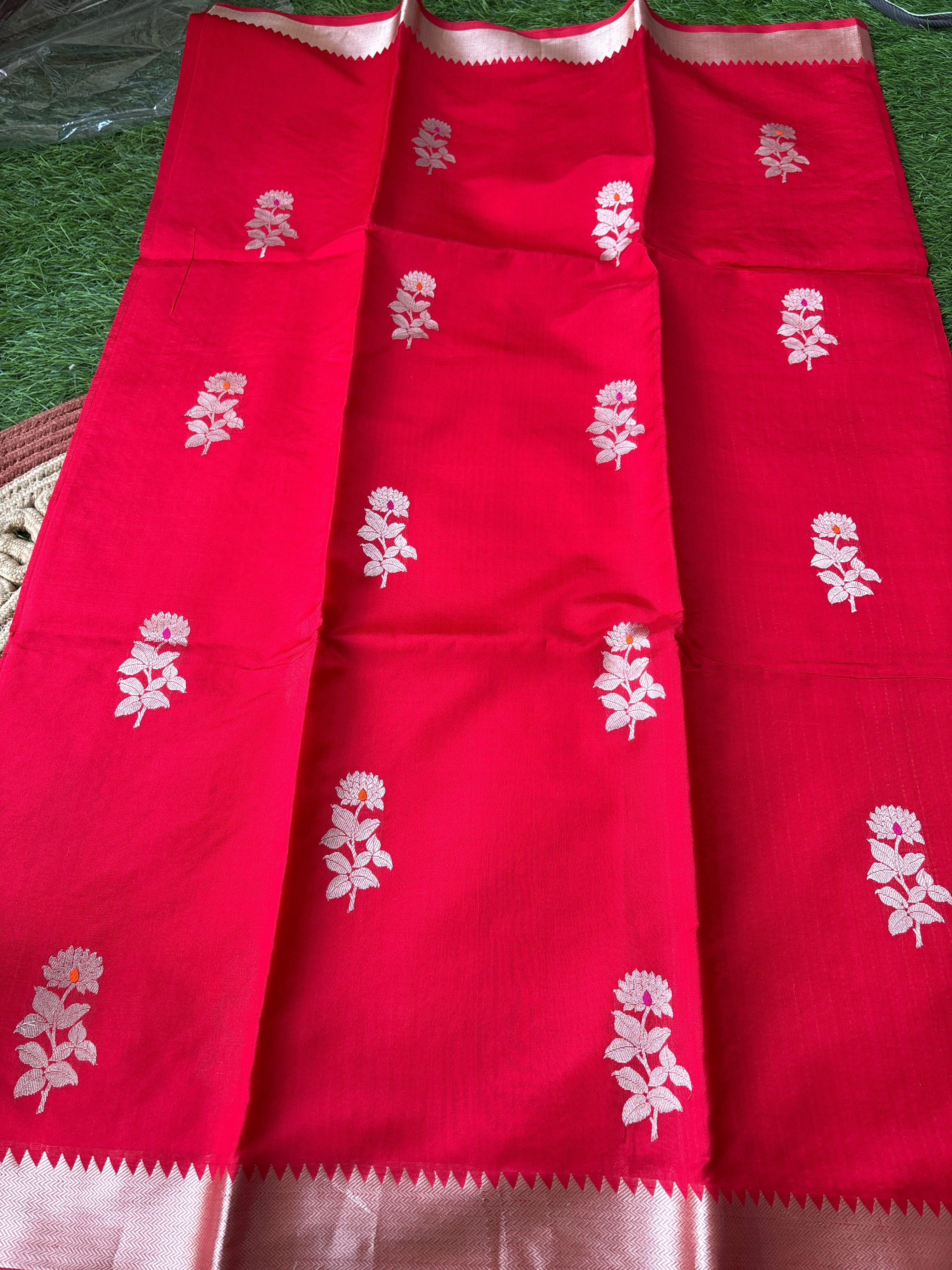 Red banarasi saree with golden zari floral work