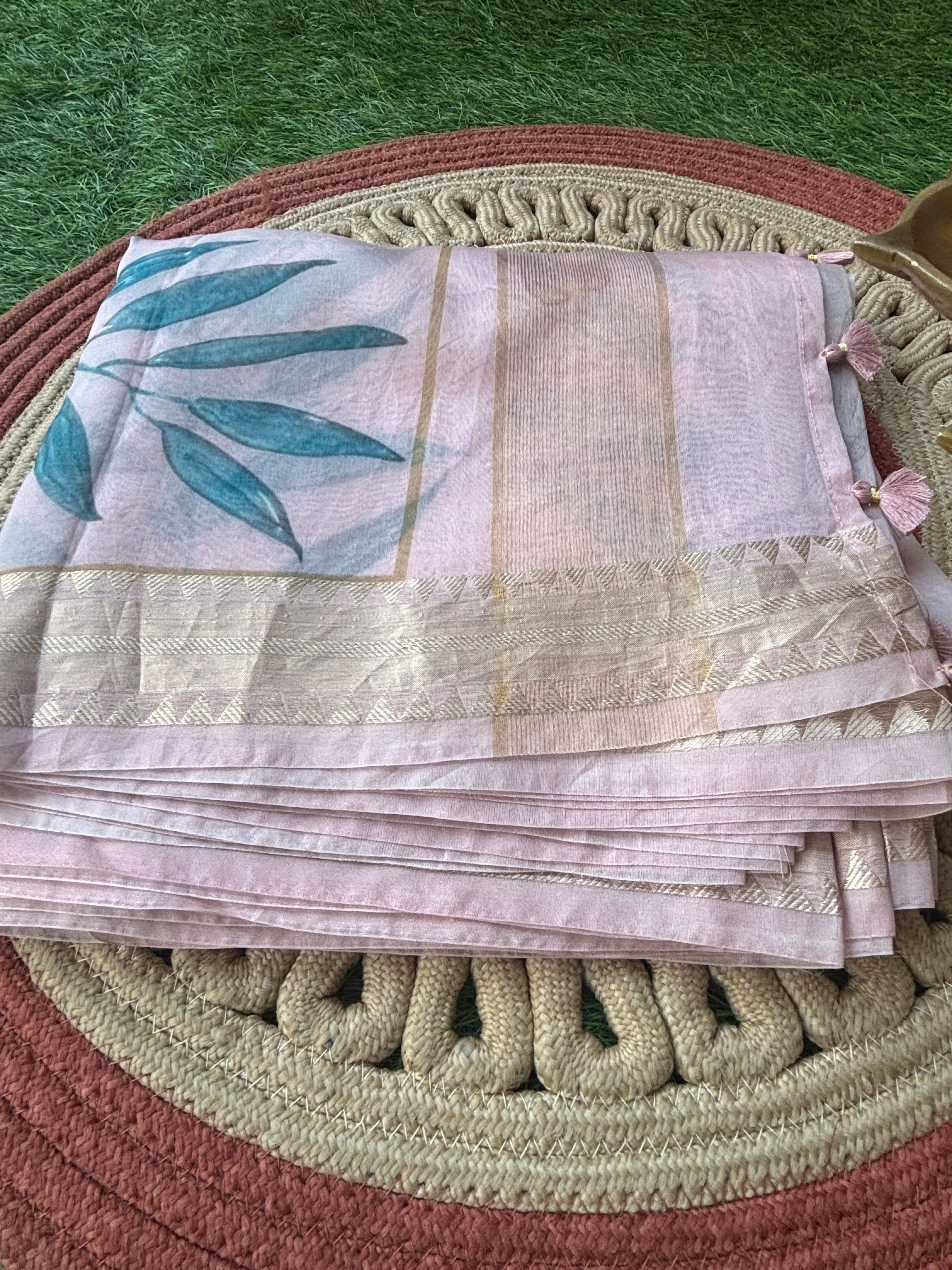 Baby Pink Pure Organza Digital Printed Saree with Readymade Blouse