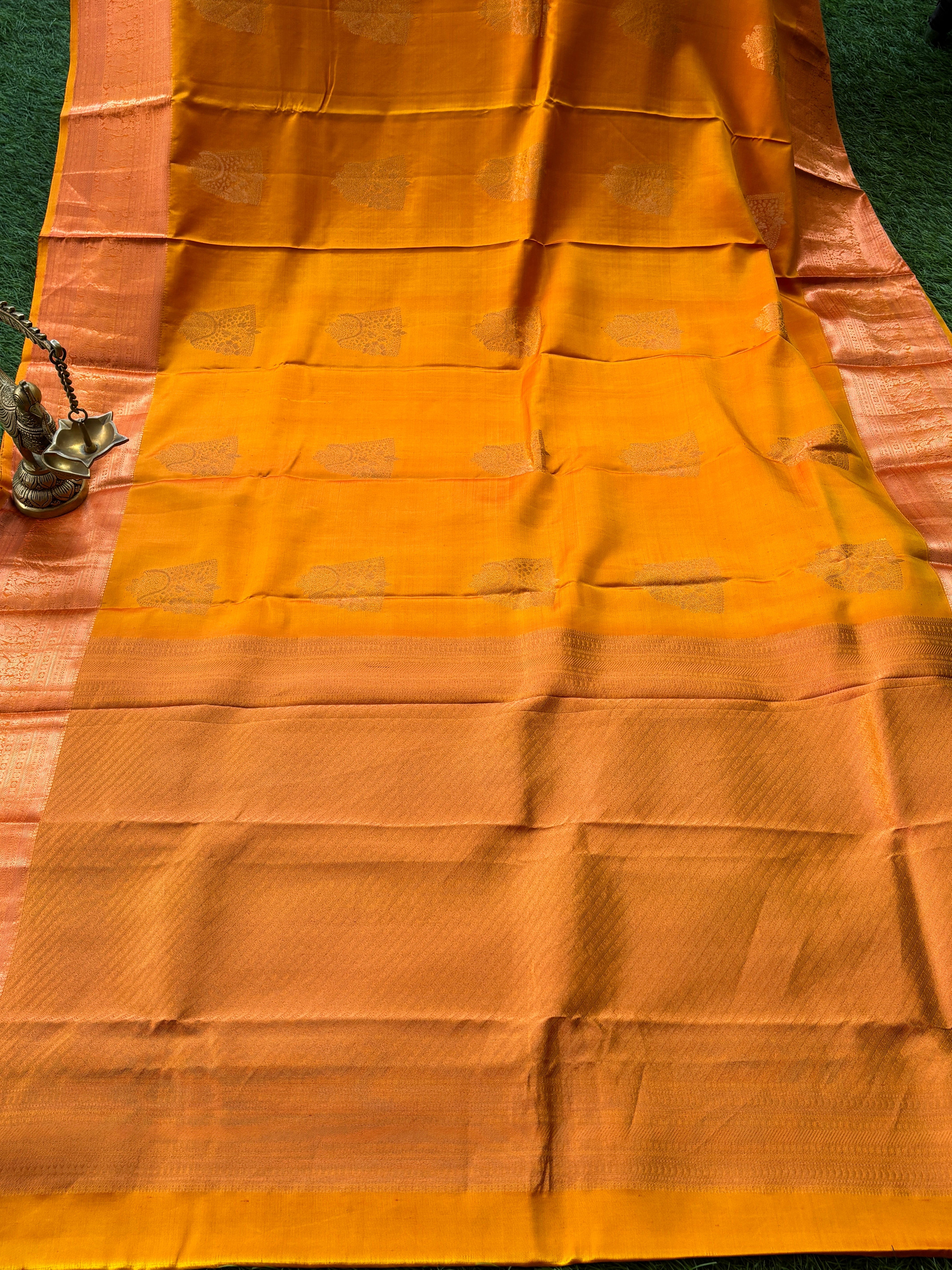 Mango & Orange Dual-Tone Kanjeevaram Pure Silk Saree with Broad Zari Woven Border
