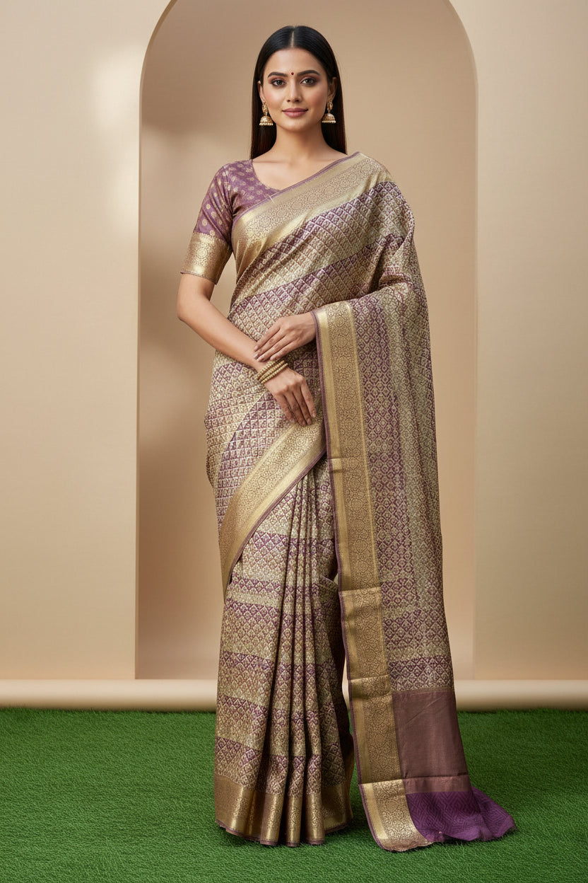 Purple Pink & Beige Pure Munga Silk Saree with Geometric Print and Zari Booties