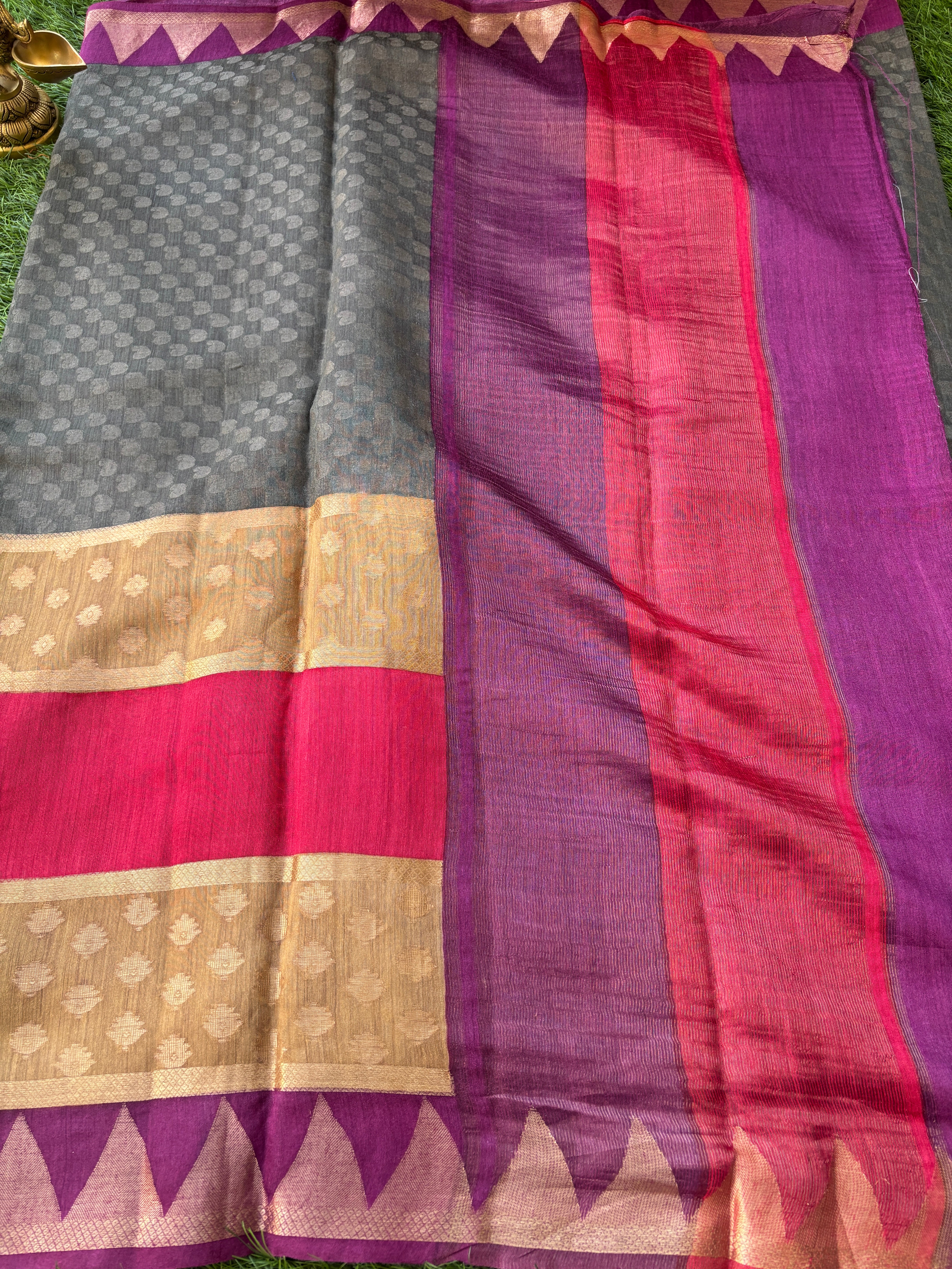 Pure Munga Silk Saree in Grey, Red & Purple with All-Over Weaving and Zari Woven Pallu