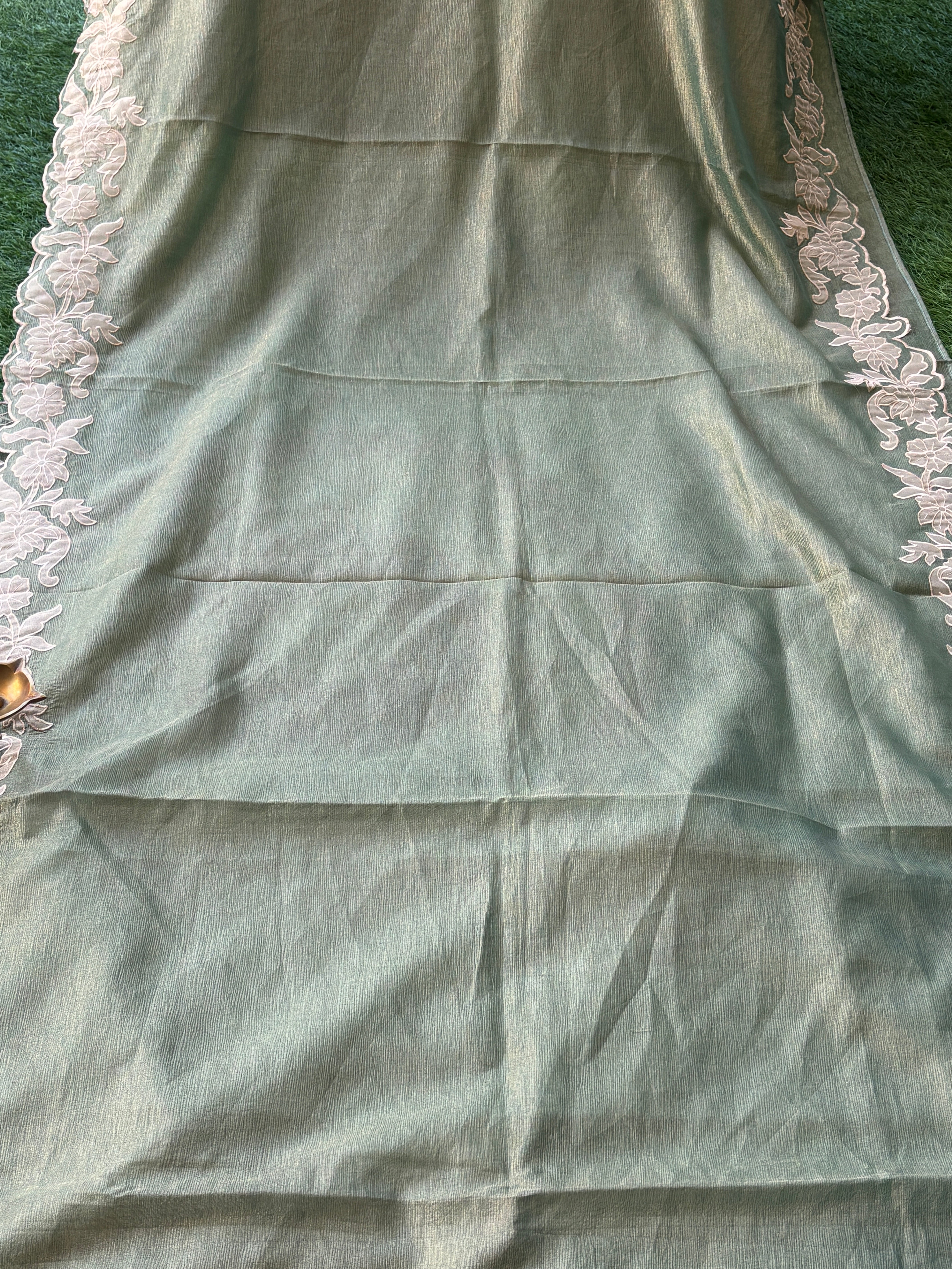 Pista Green Pure Tissue Organza Saree with Applique Border & Cutwork | Chandrika Lifestyles