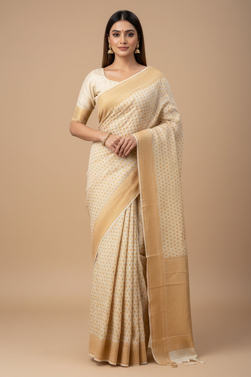 Beige Banarasi Khaddi Chiffon Saree with Allover Resham Weaving | Chandrika Lifestyles
